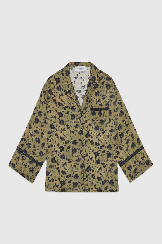 CAMICIA A PIGIAMA IN RASO CON STAMPA A FIORI NERI