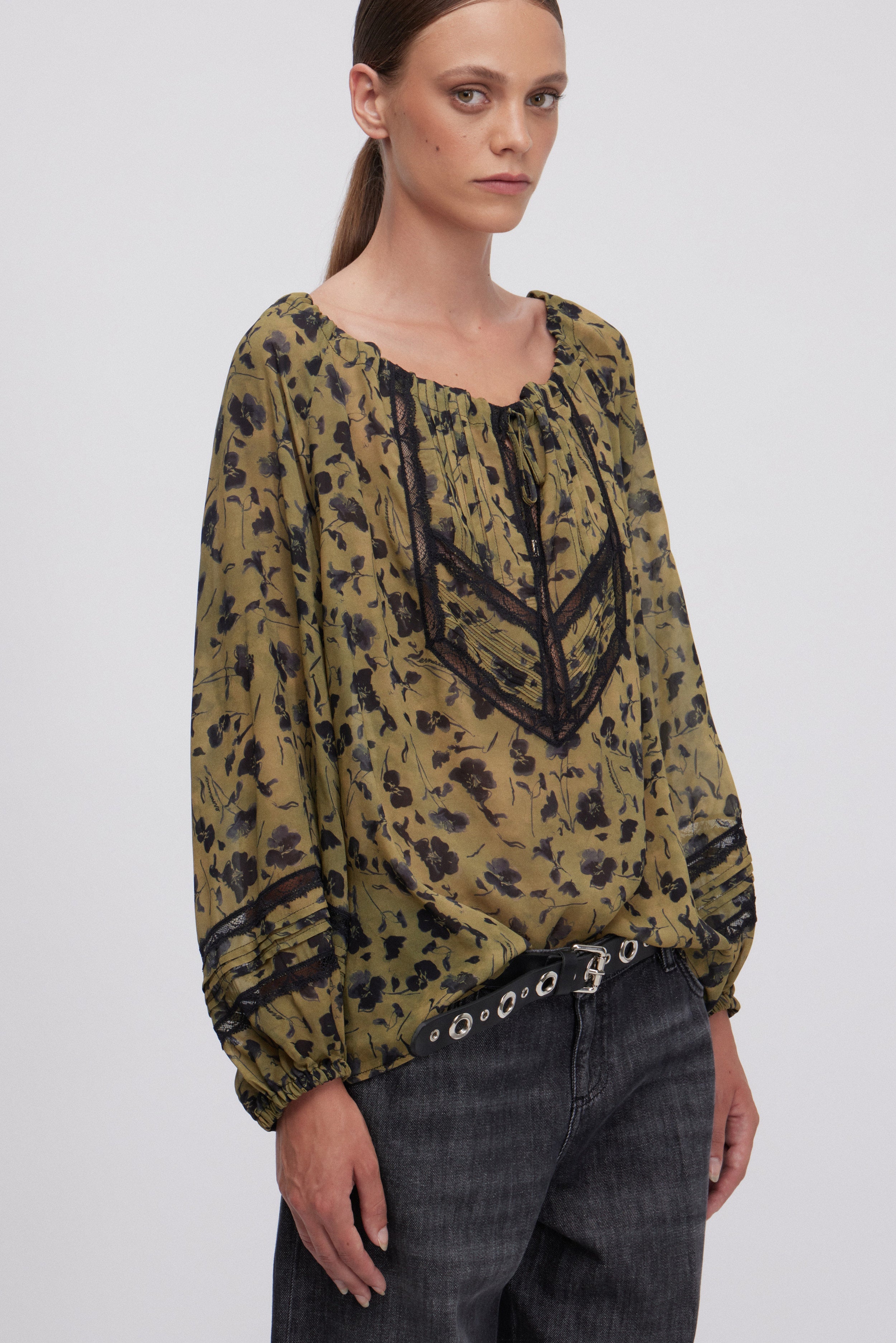 GEORGETTE FABRIC SHIRT WITH BLACK PRINTED FLOWERS