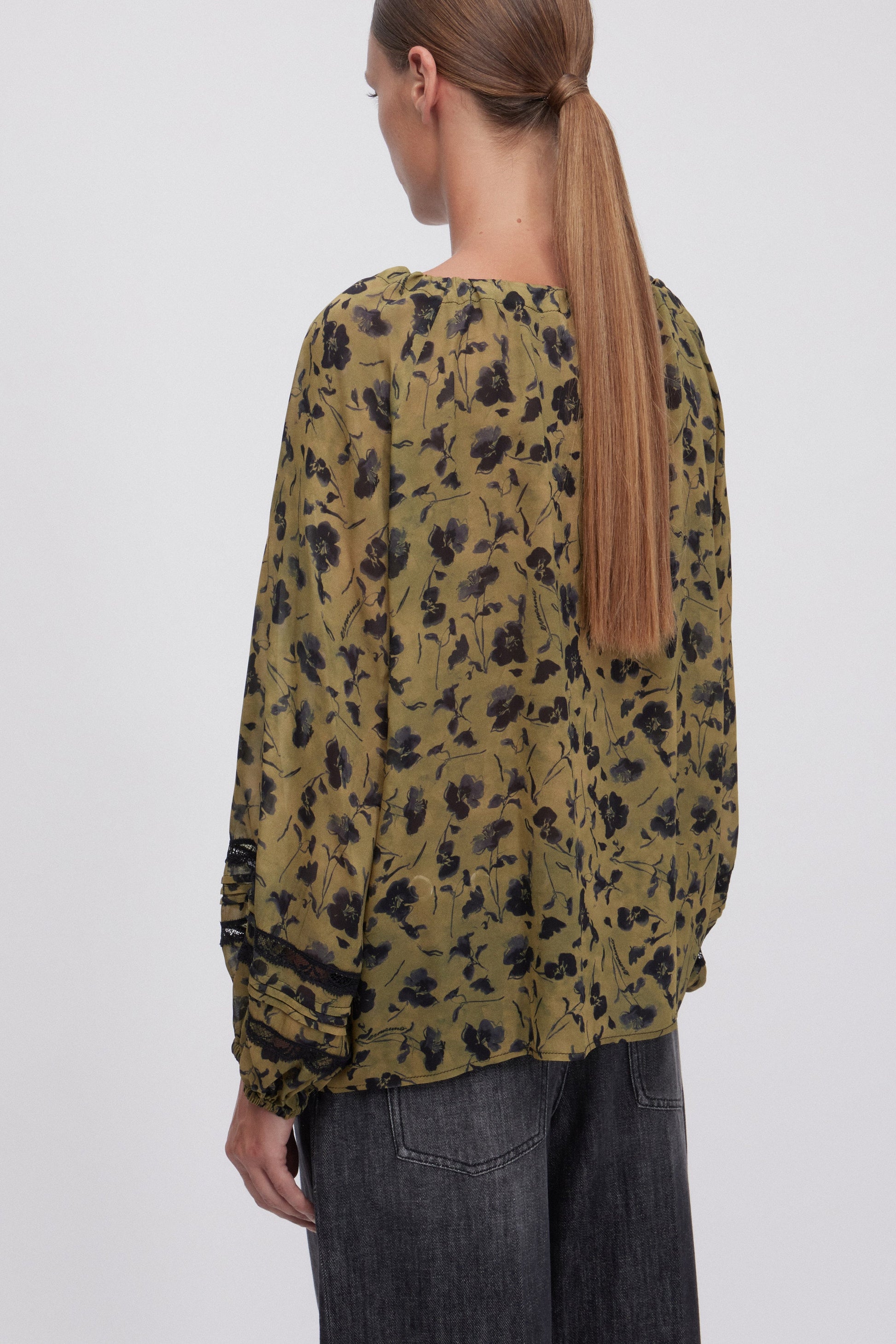 GEORGETTE FABRIC SHIRT WITH BLACK PRINTED FLOWERS