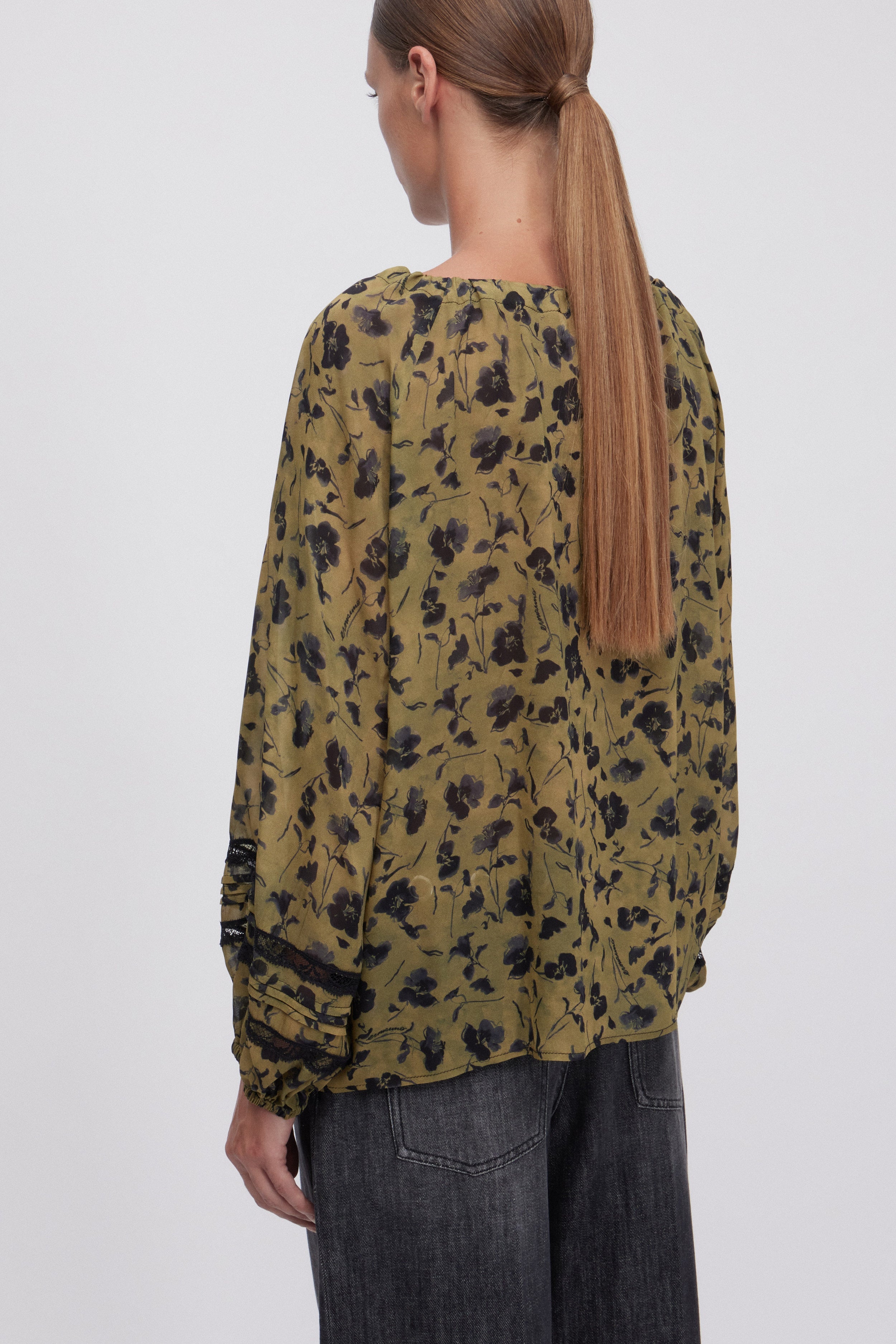 GEORGETTE FABRIC SHIRT WITH BLACK PRINTED FLOWERS