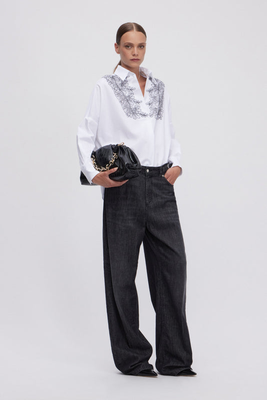 CAMICIA IN POPELINE CON PLASTRON RICAMATO IN MOHAIR