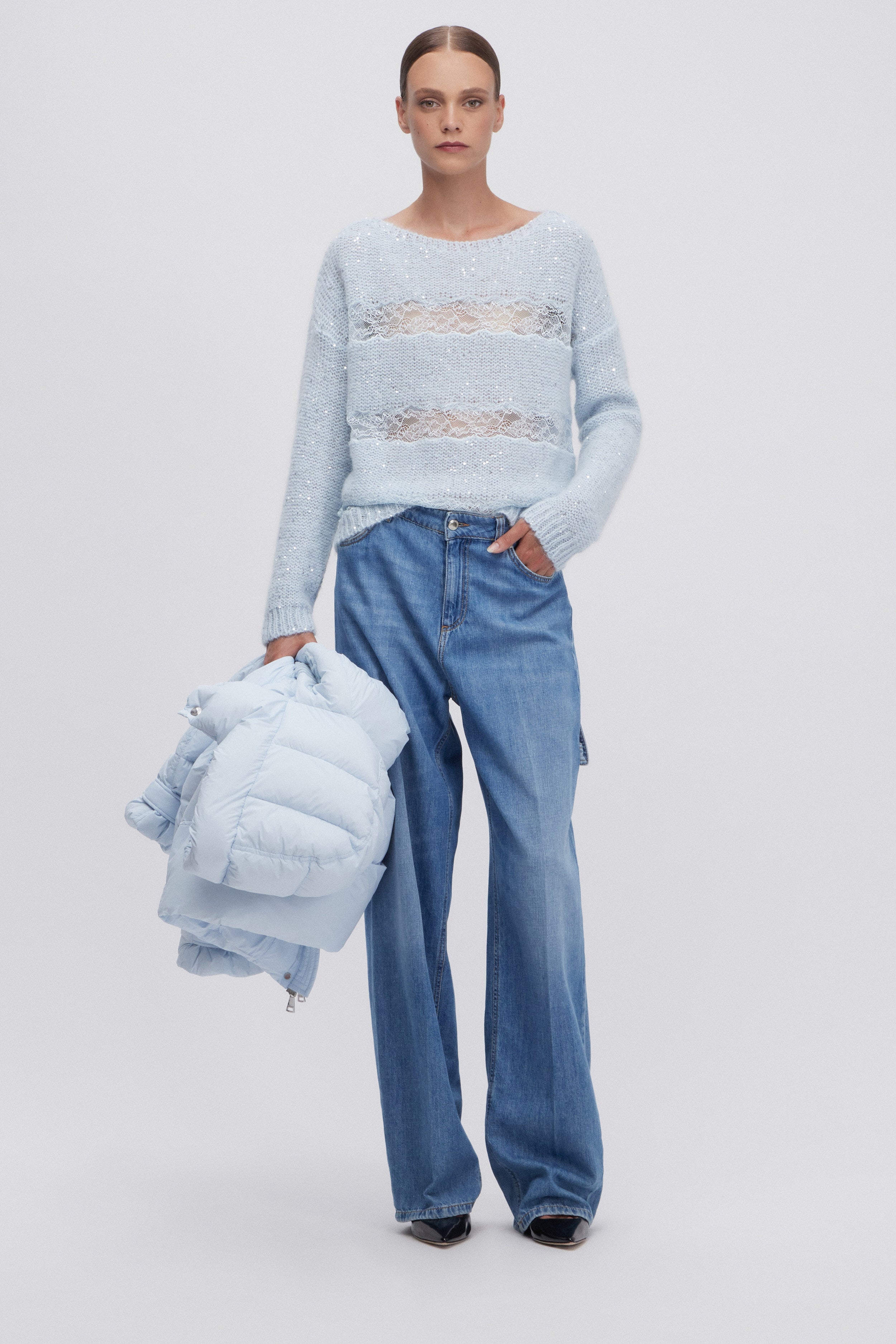 SWEATER WITH SEQUINS AND LACE INSERTS