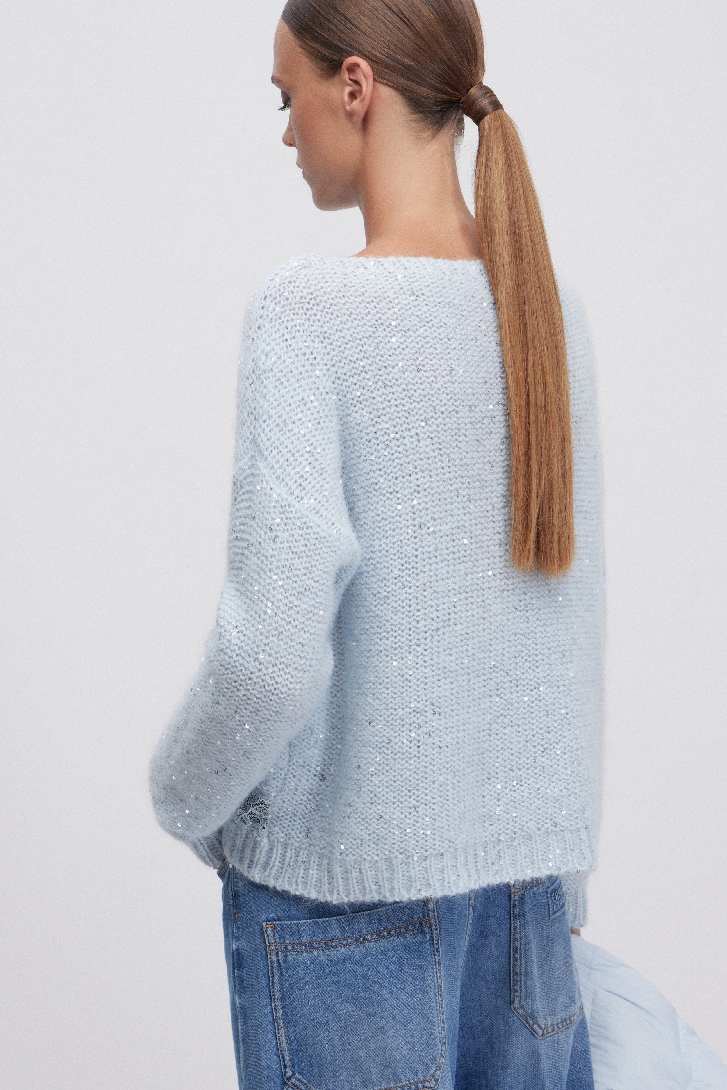 SWEATER WITH SEQUINS AND LACE INSERTS