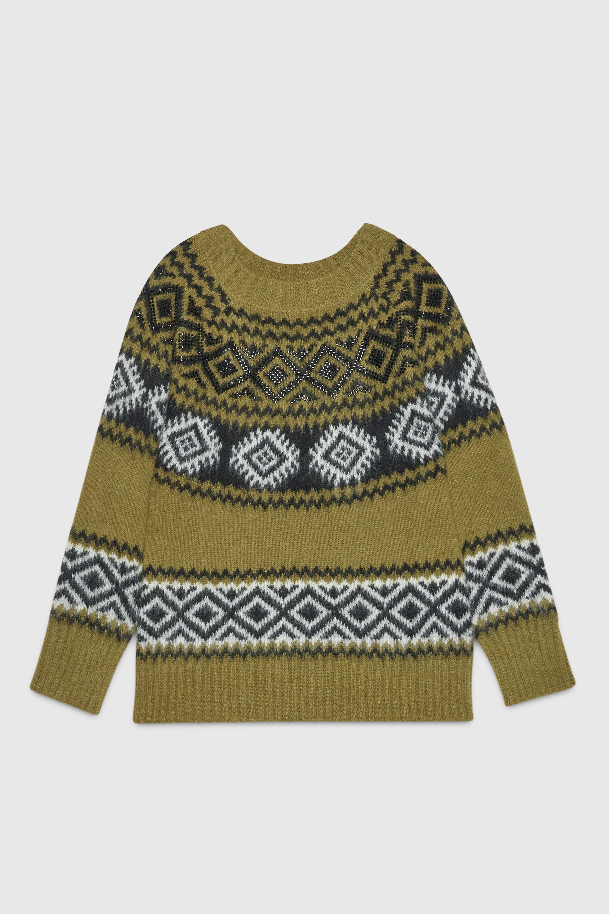 JACQUARD KNITTED SWEATER WITH RHOMBUS PATTERN AND RHINESTONES