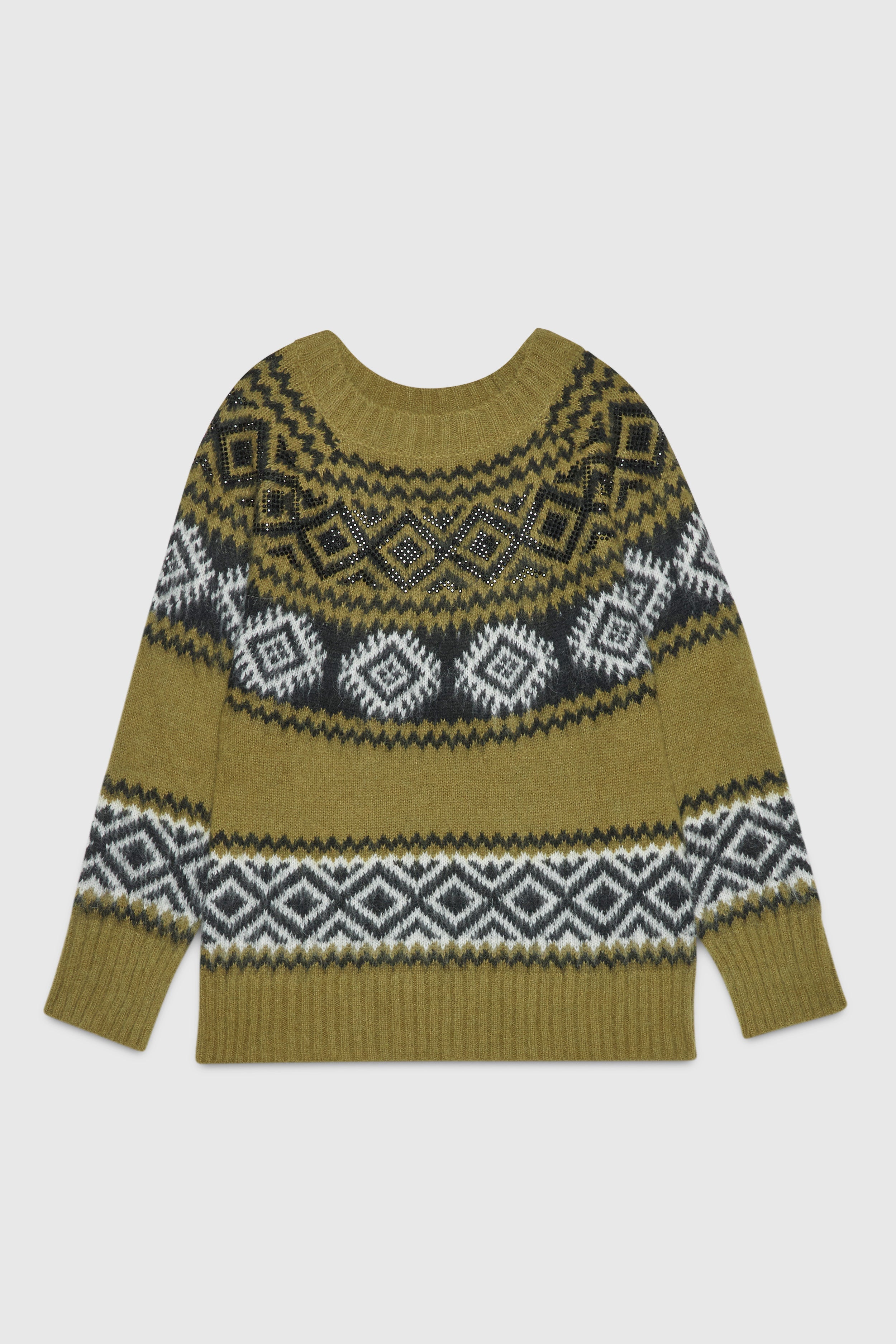 JACQUARD KNITTED SWEATER WITH RHOMBUS PATTERN AND RHINESTONES