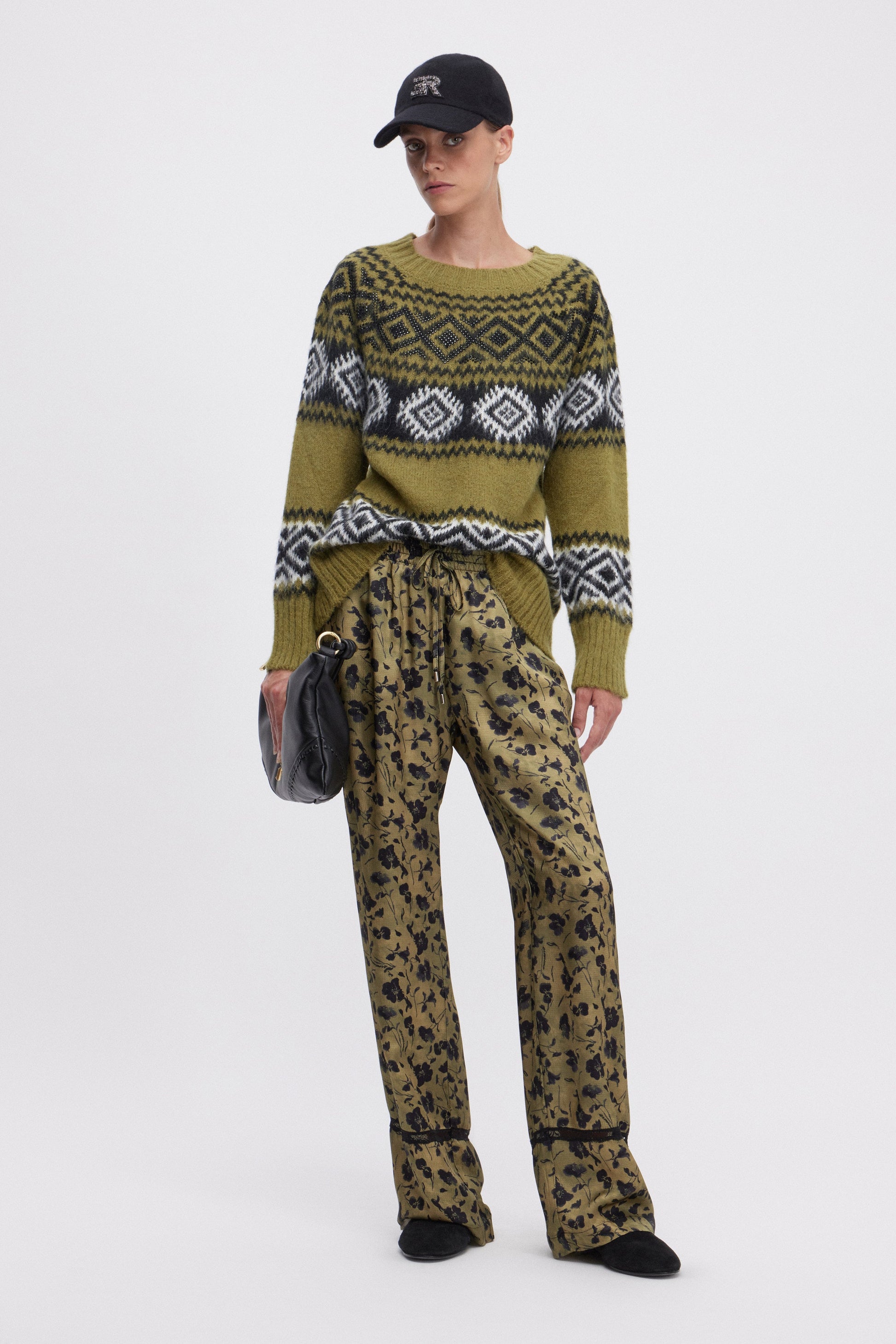 JACQUARD KNITTED SWEATER WITH RHOMBUS PATTERN AND RHINESTONES