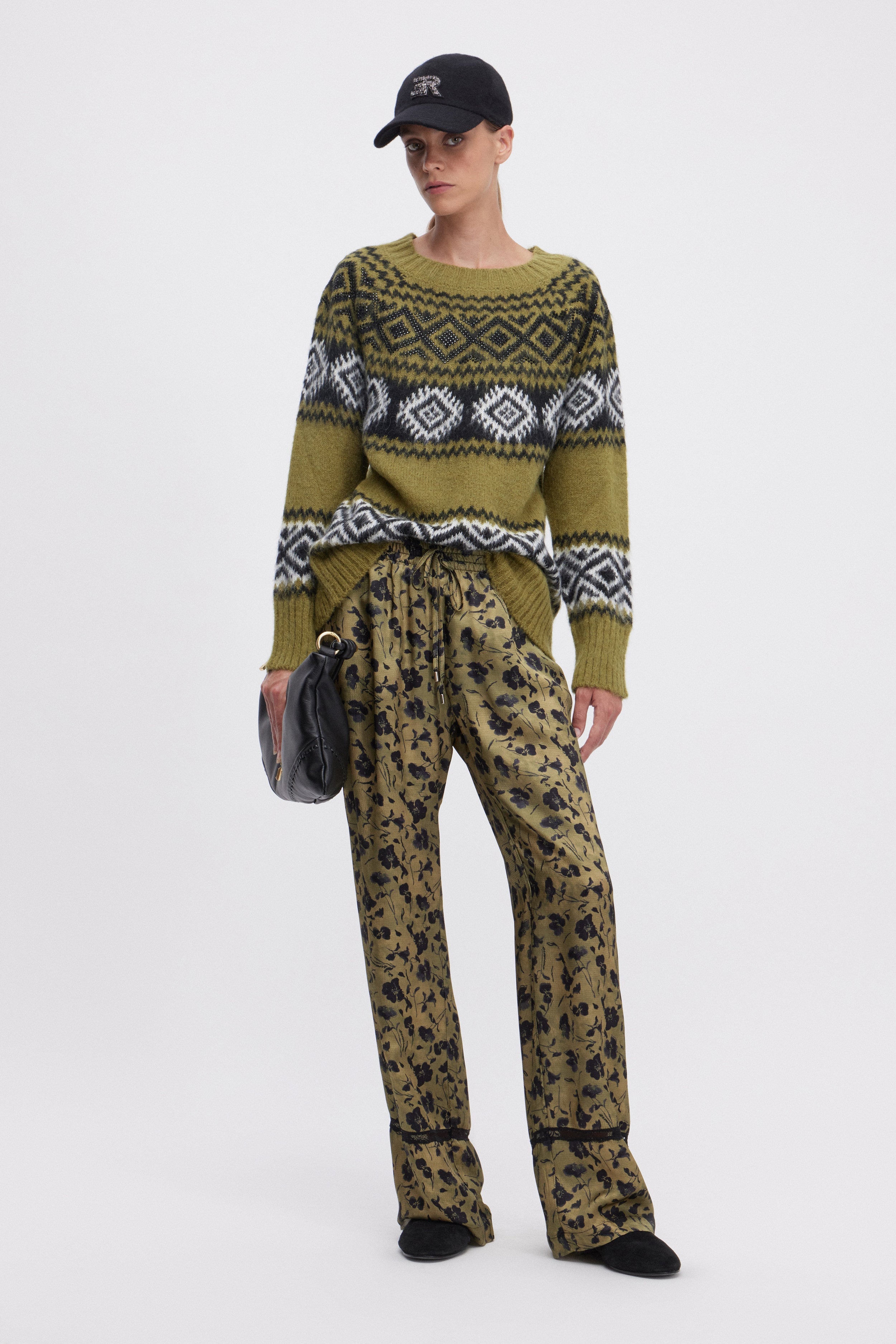 JACQUARD KNITTED SWEATER WITH RHOMBUS PATTERN AND RHINESTONES