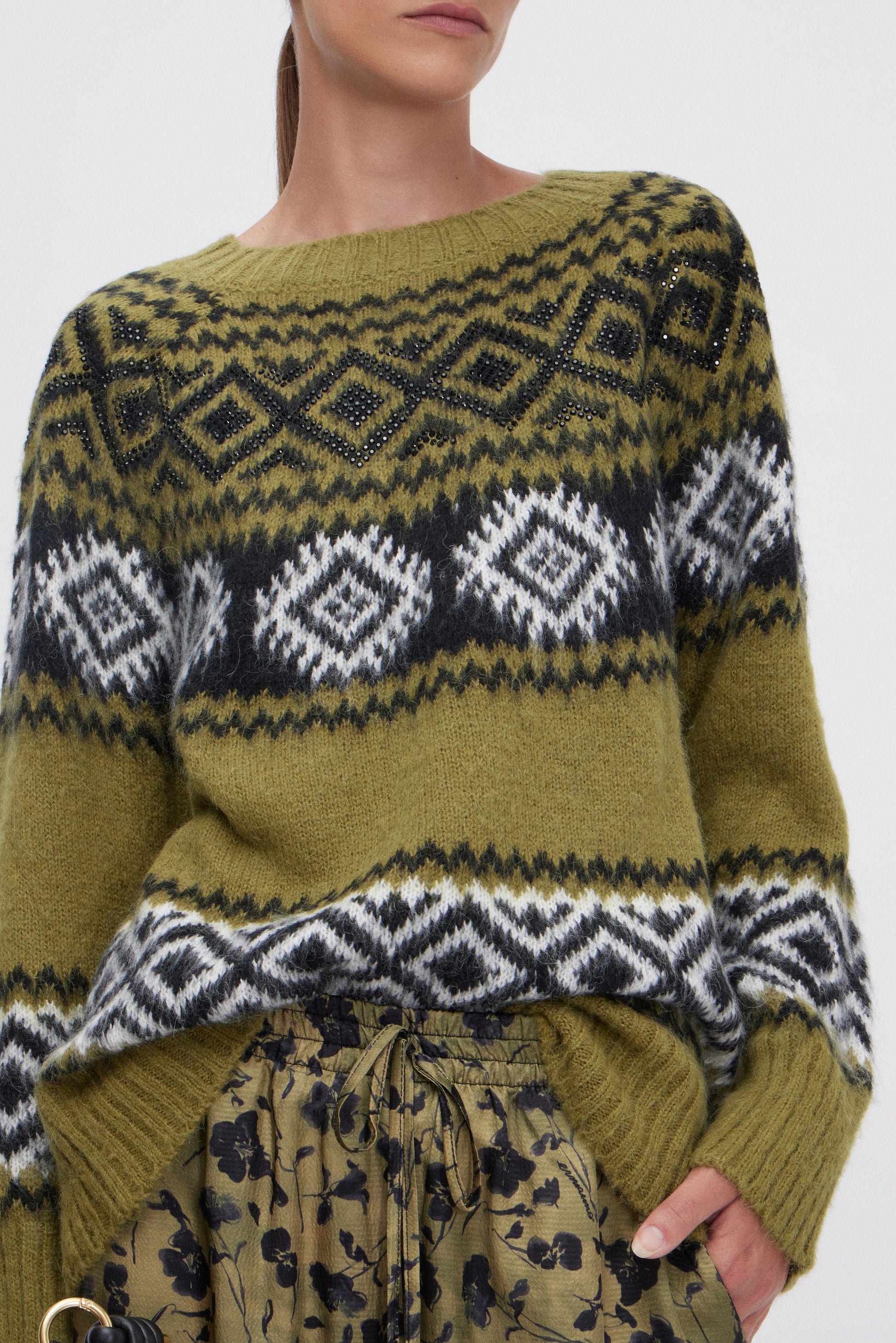JACQUARD KNITTED SWEATER WITH RHOMBUS PATTERN AND RHINESTONES