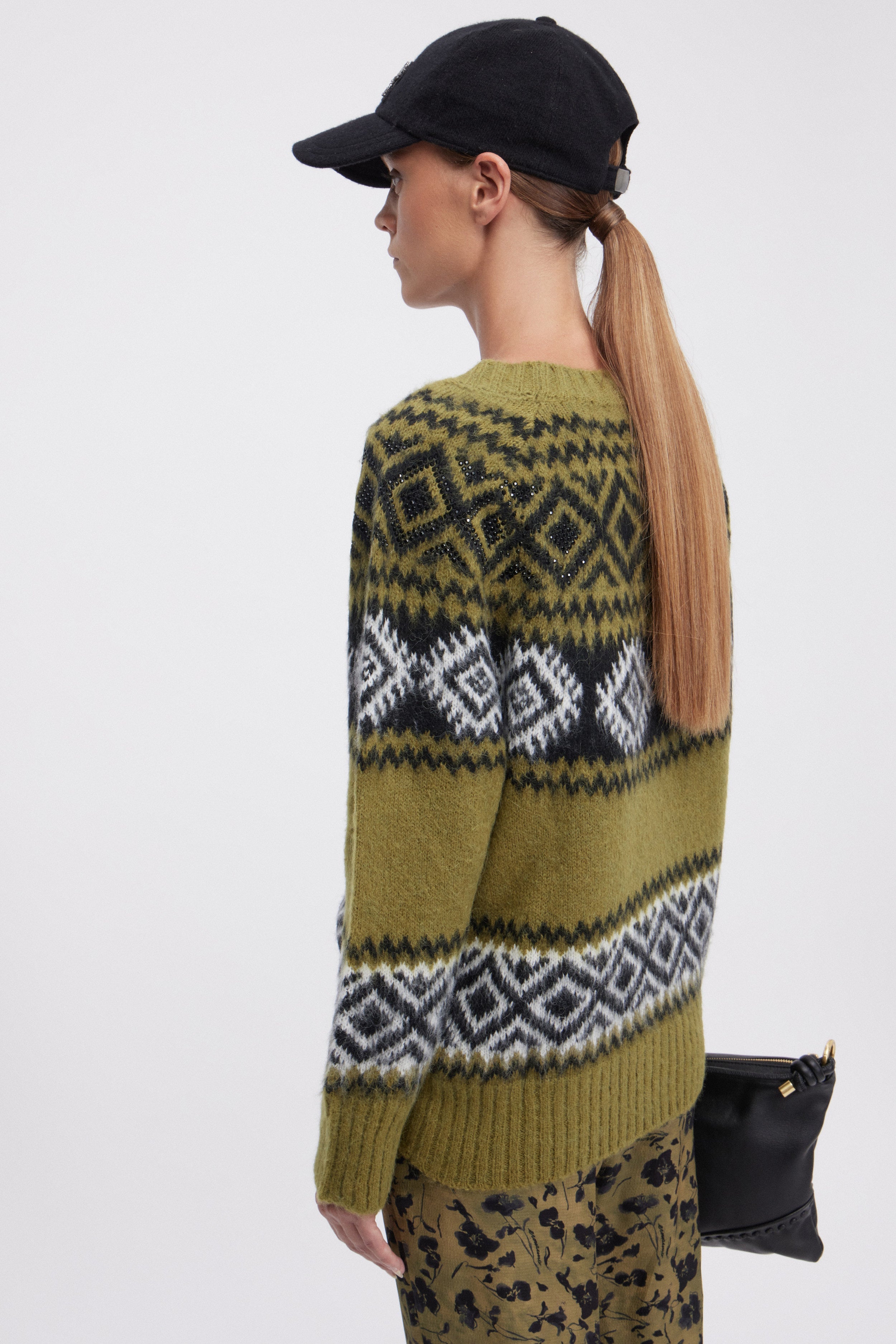JACQUARD KNITTED SWEATER WITH RHOMBUS PATTERN AND RHINESTONES