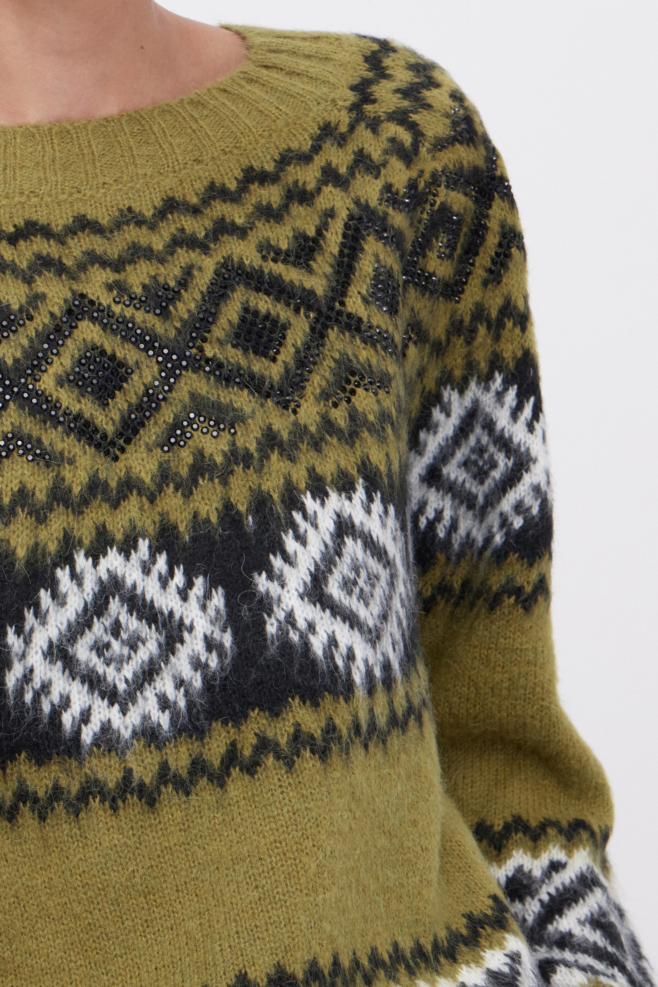 JACQUARD KNITTED SWEATER WITH RHOMBUS PATTERN AND RHINESTONES