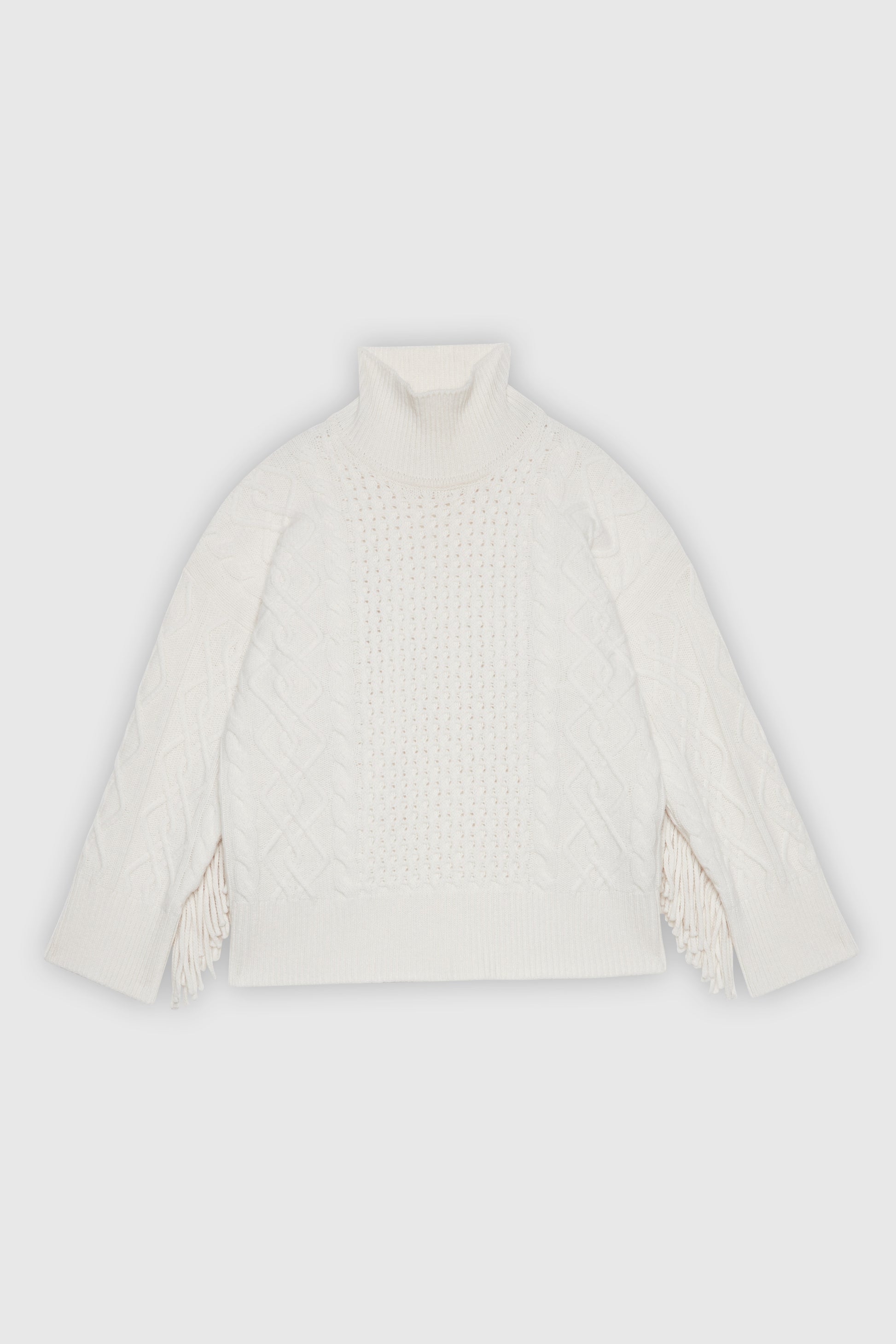 MAGLIA IN LANA A TRECCE CON FRANGIA SUL RETRO