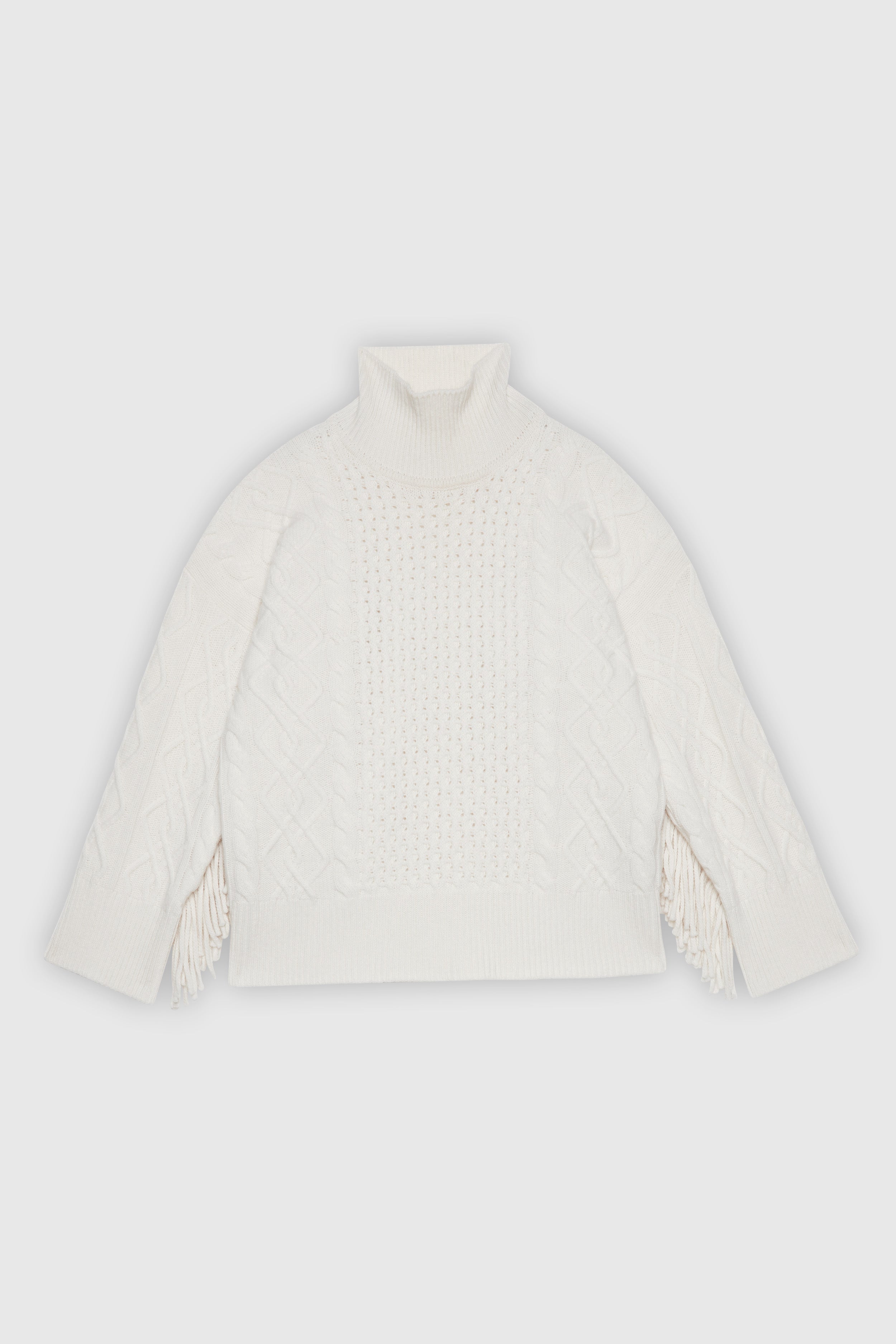 MAGLIA IN LANA A TRECCE CON FRANGIA SUL RETRO