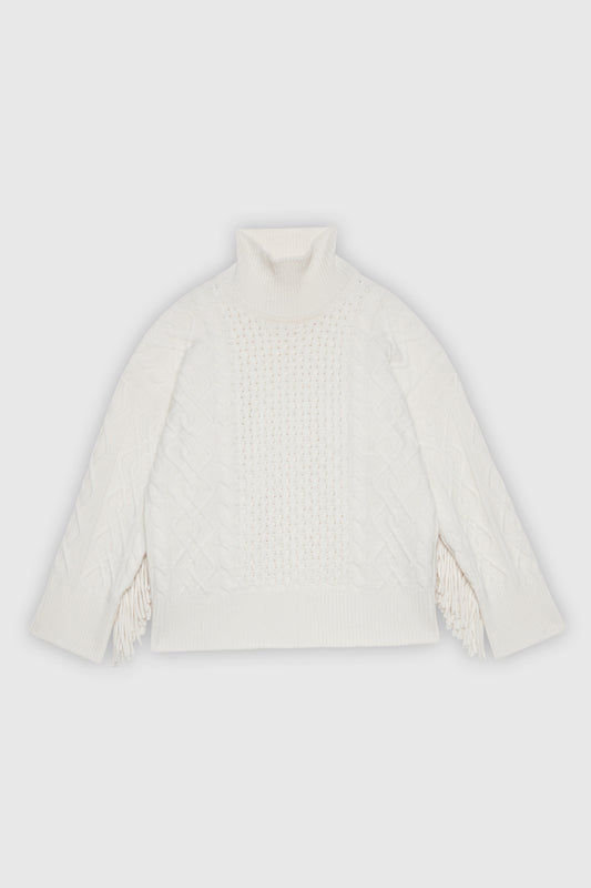MAGLIA IN LANA A TRECCE CON FRANGIA SUL RETRO