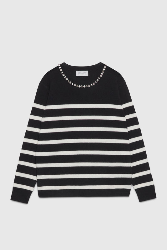 MAGLIA IN LANA E CACHEMIRE A RIGHE CON SCOLLO GIOIELLO