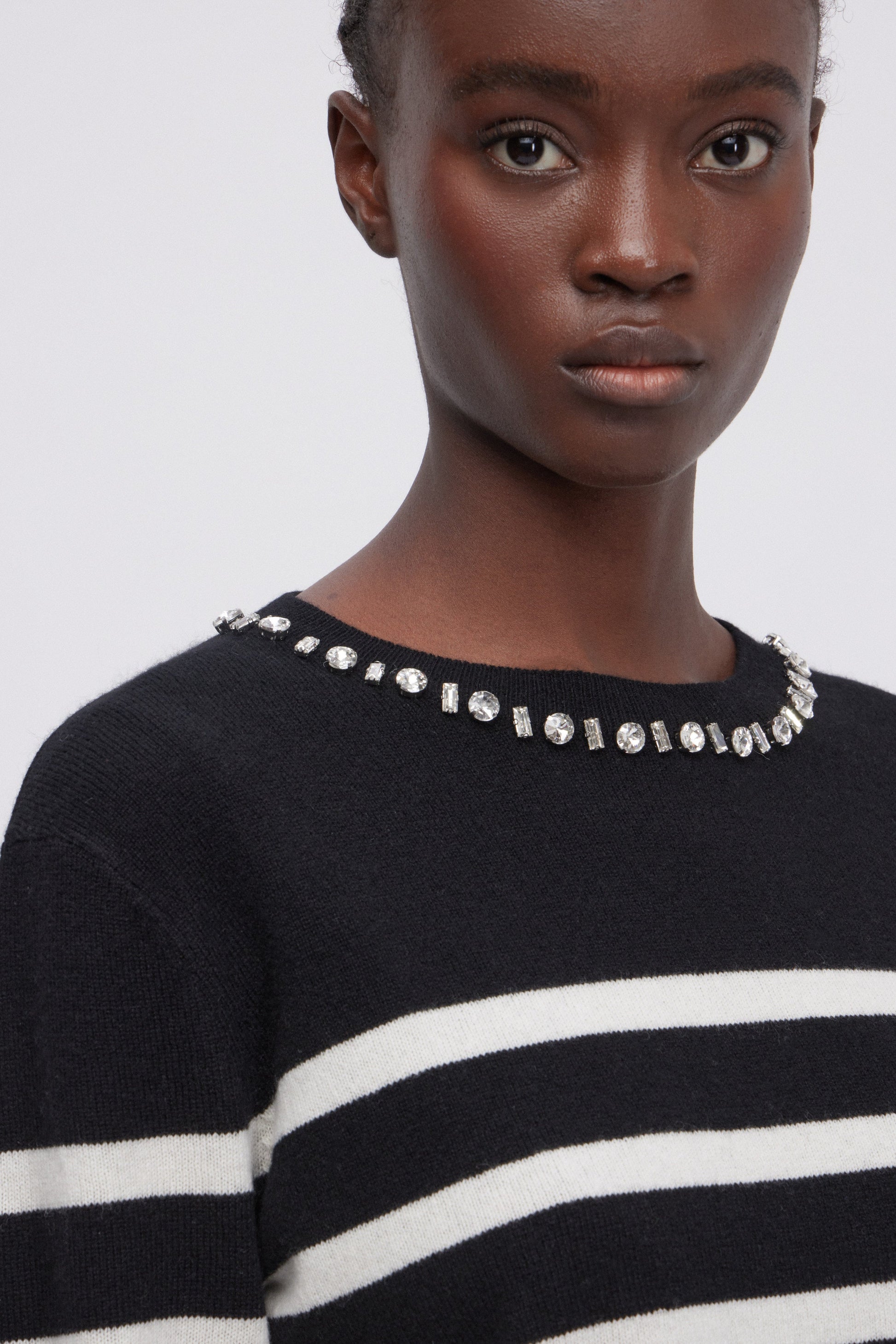 WOOLLEN AND CASHMERE STRIPED SWEATER WITH JEWEL NECKLINE
