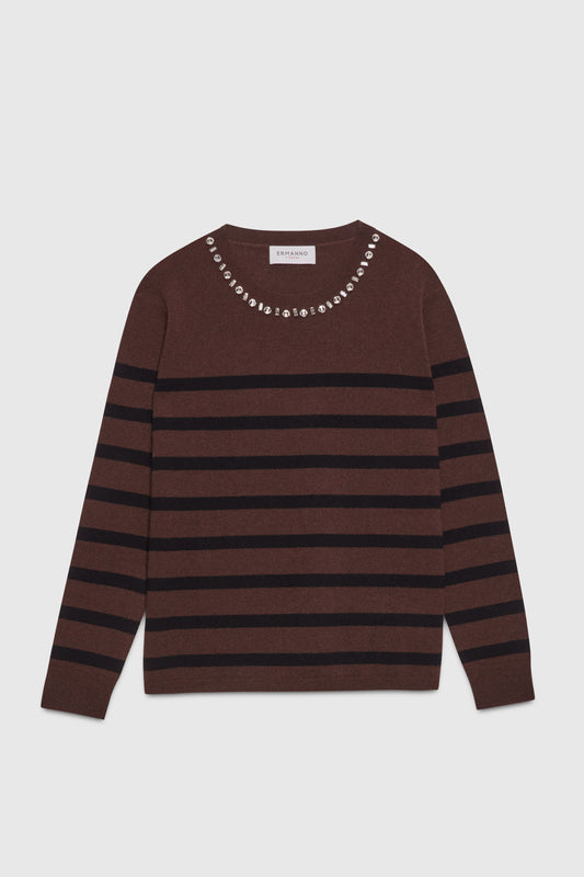 MAGLIA IN LANA E CACHEMIRE A RIGHE CON SCOLLO GIOIELLO