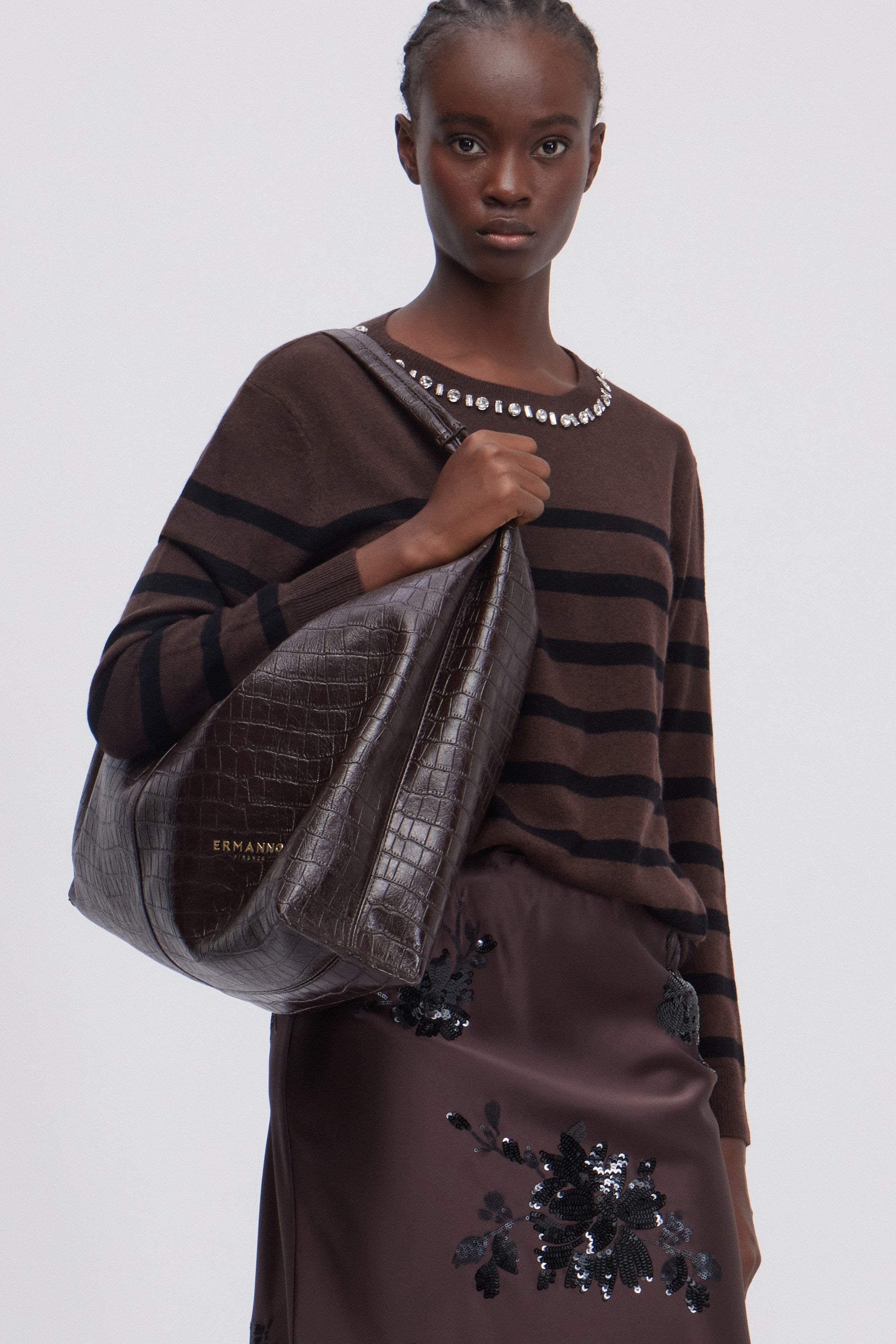 WOOLLEN AND CASHMERE STRIPED SWEATER WITH JEWEL NECKLINE