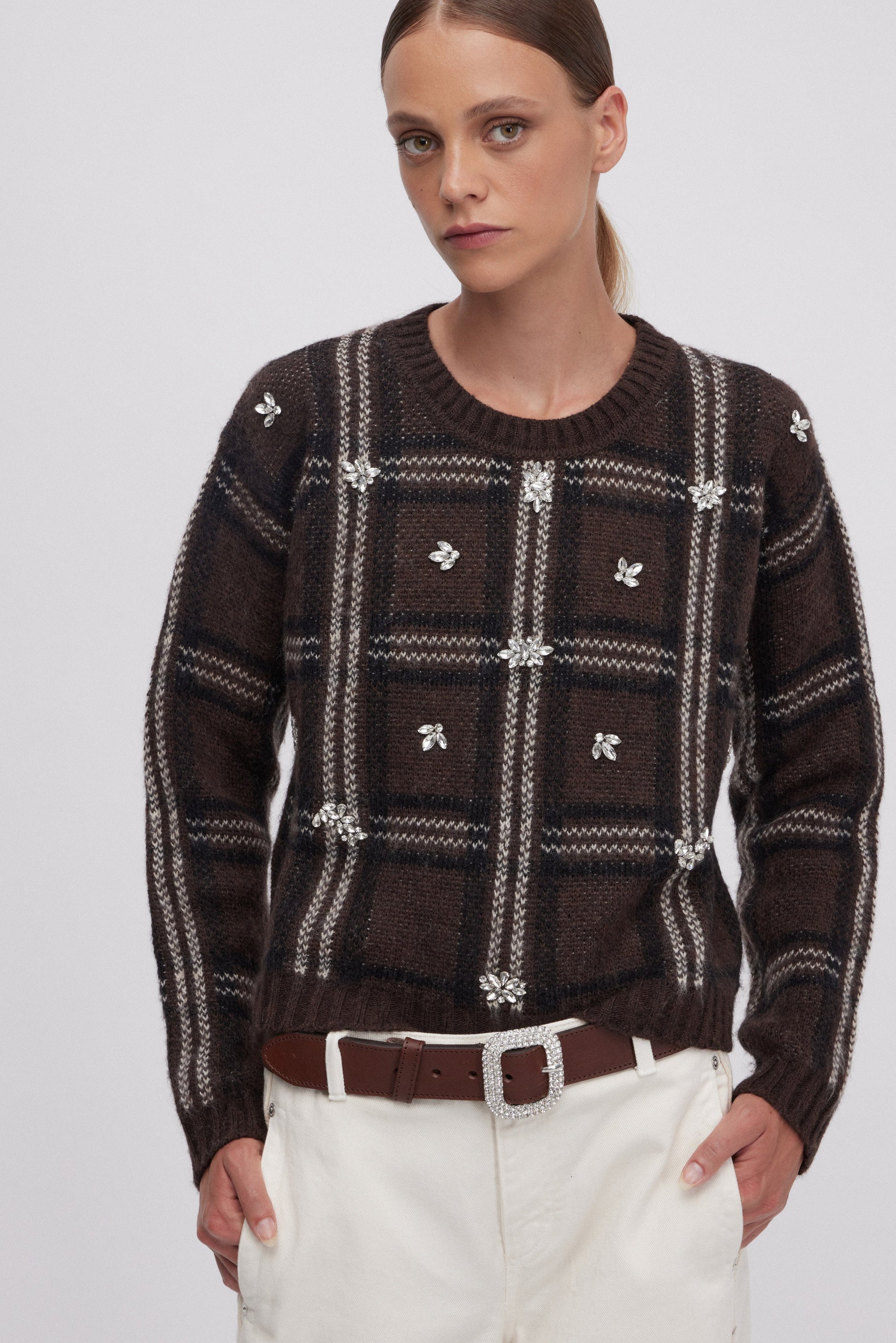 SCOTTISH JACQUARD SWEATER WITH JEWEL EMBOIDERY 