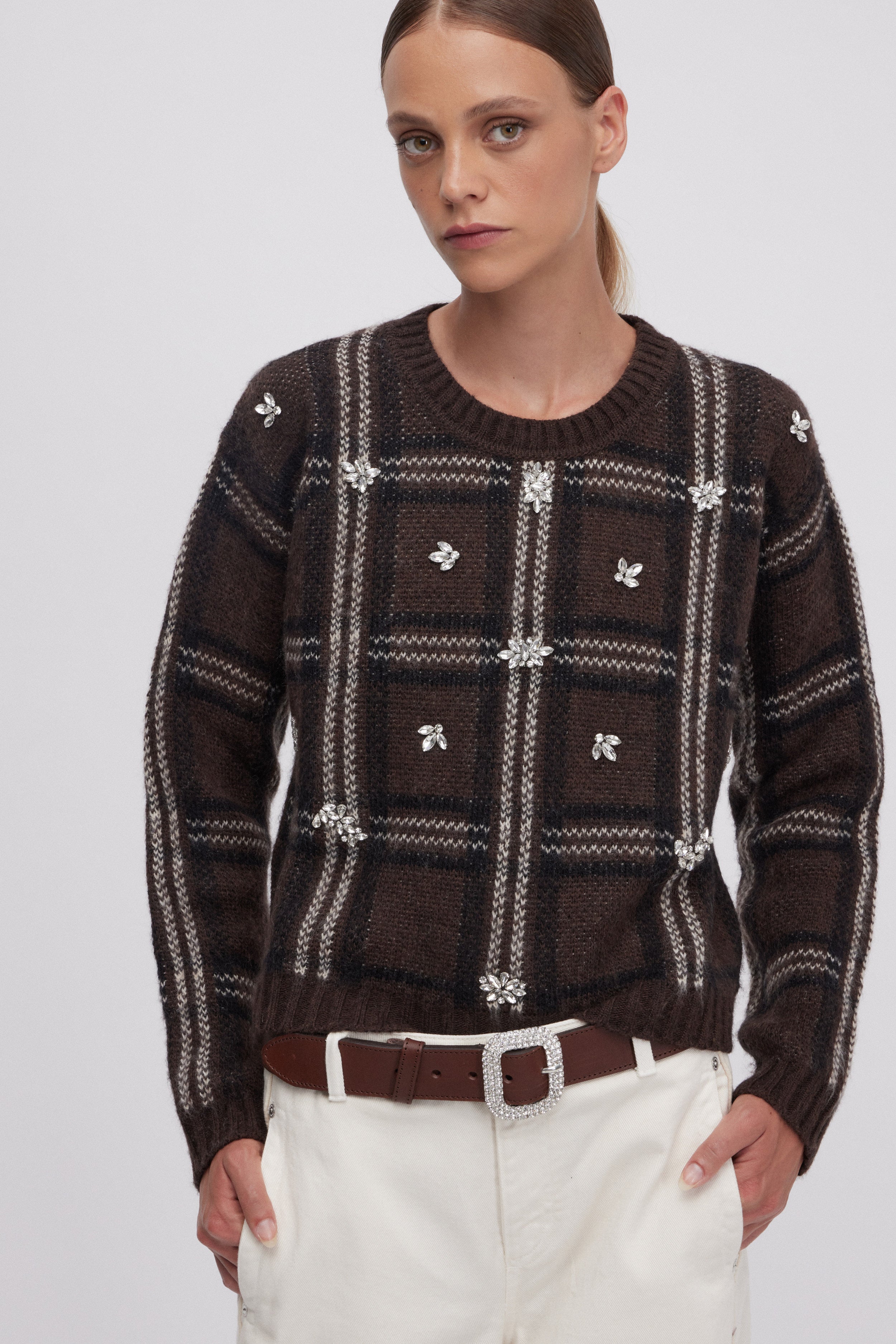 SCOTTISH JACQUARD SWEATER WITH JEWEL EMBOIDERY 