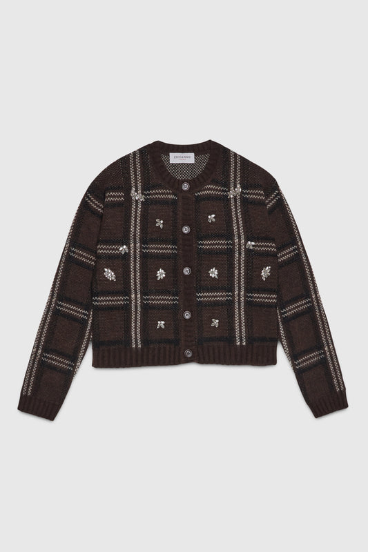 CARDIGAN JACQUARD SCOZZESE CON RICAMO GIOIELLO