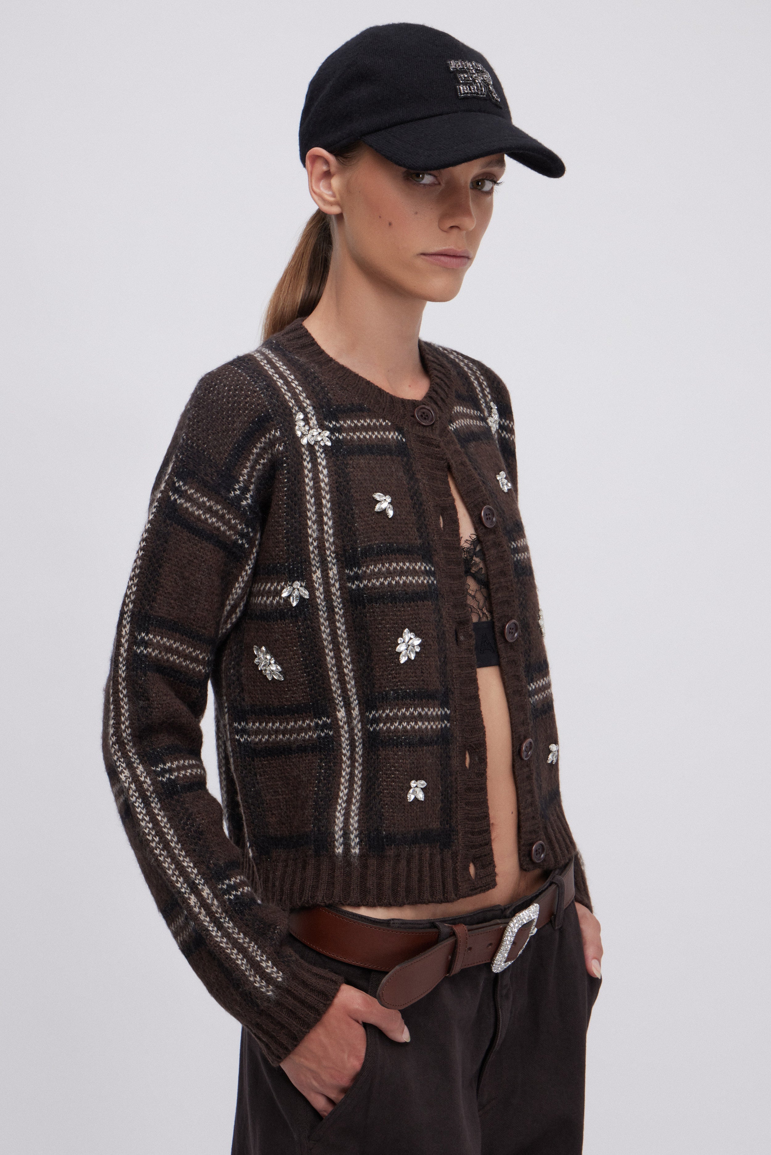 CARDIGAN ÉCOSSAIS JACQUARD AVEC BRODERIE BIJOUX