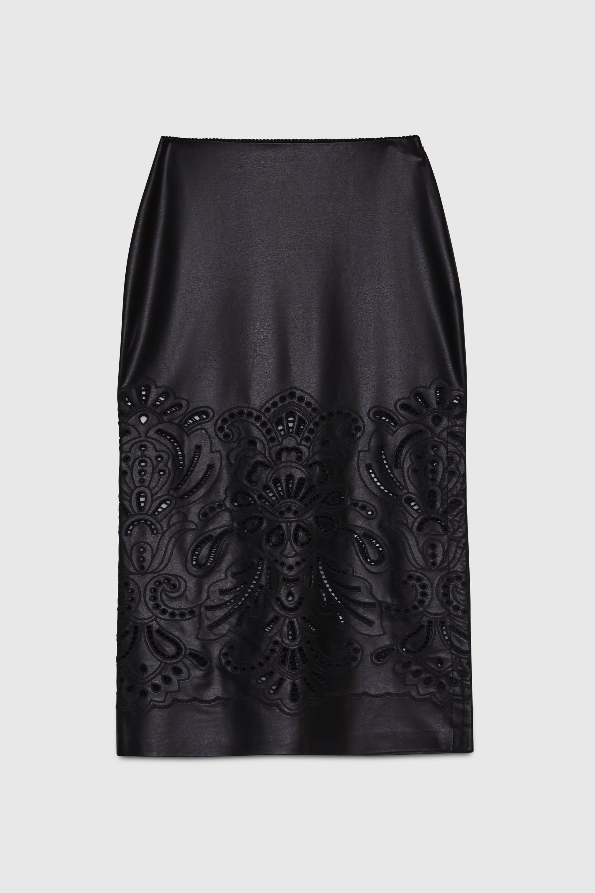 ECO LEATHER MIDI SKIRT WITH BRODERIE ANGLAISE 