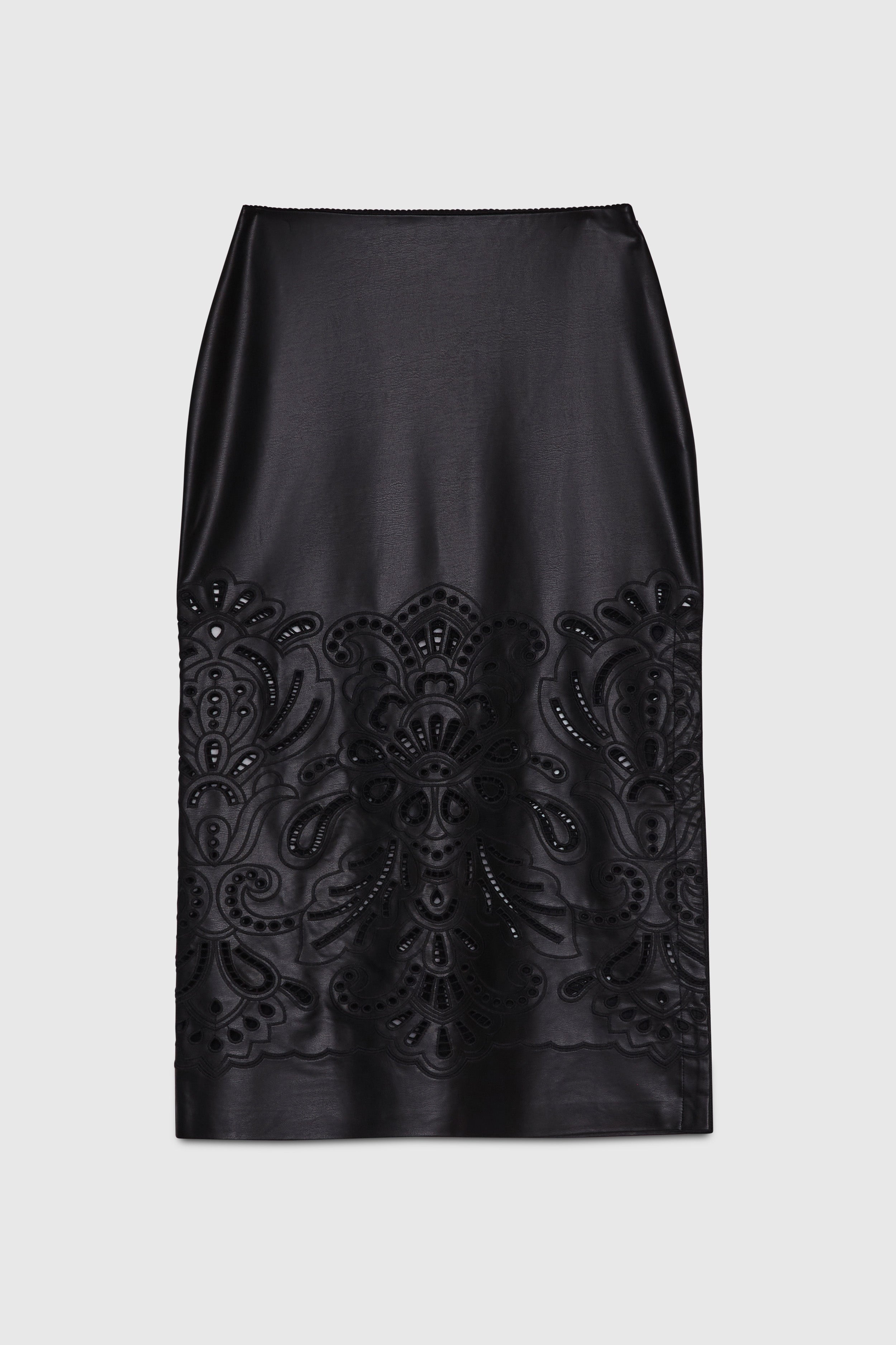 ECO LEATHER MIDI SKIRT WITH BRODERIE ANGLAISE 