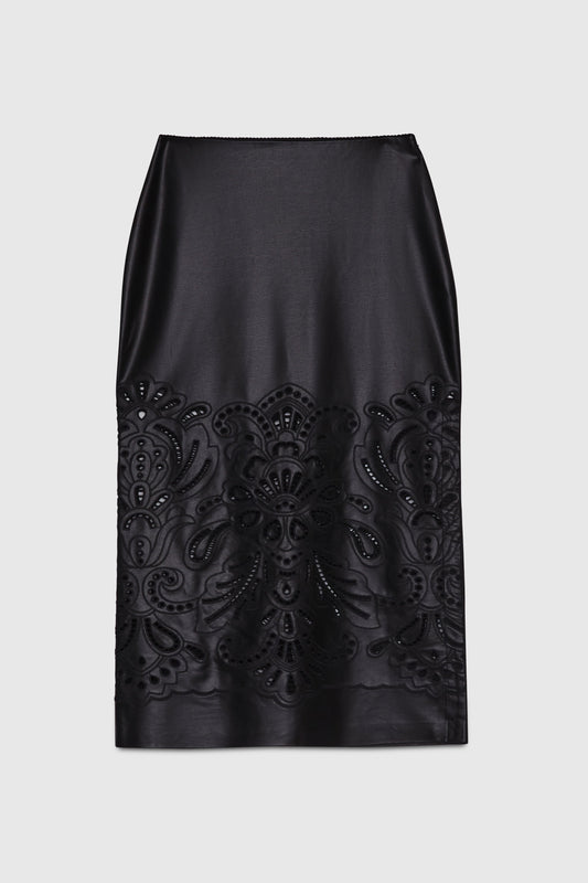 ECO LEATHER MIDI SKIRT WITH BRODERIE ANGLAISE 