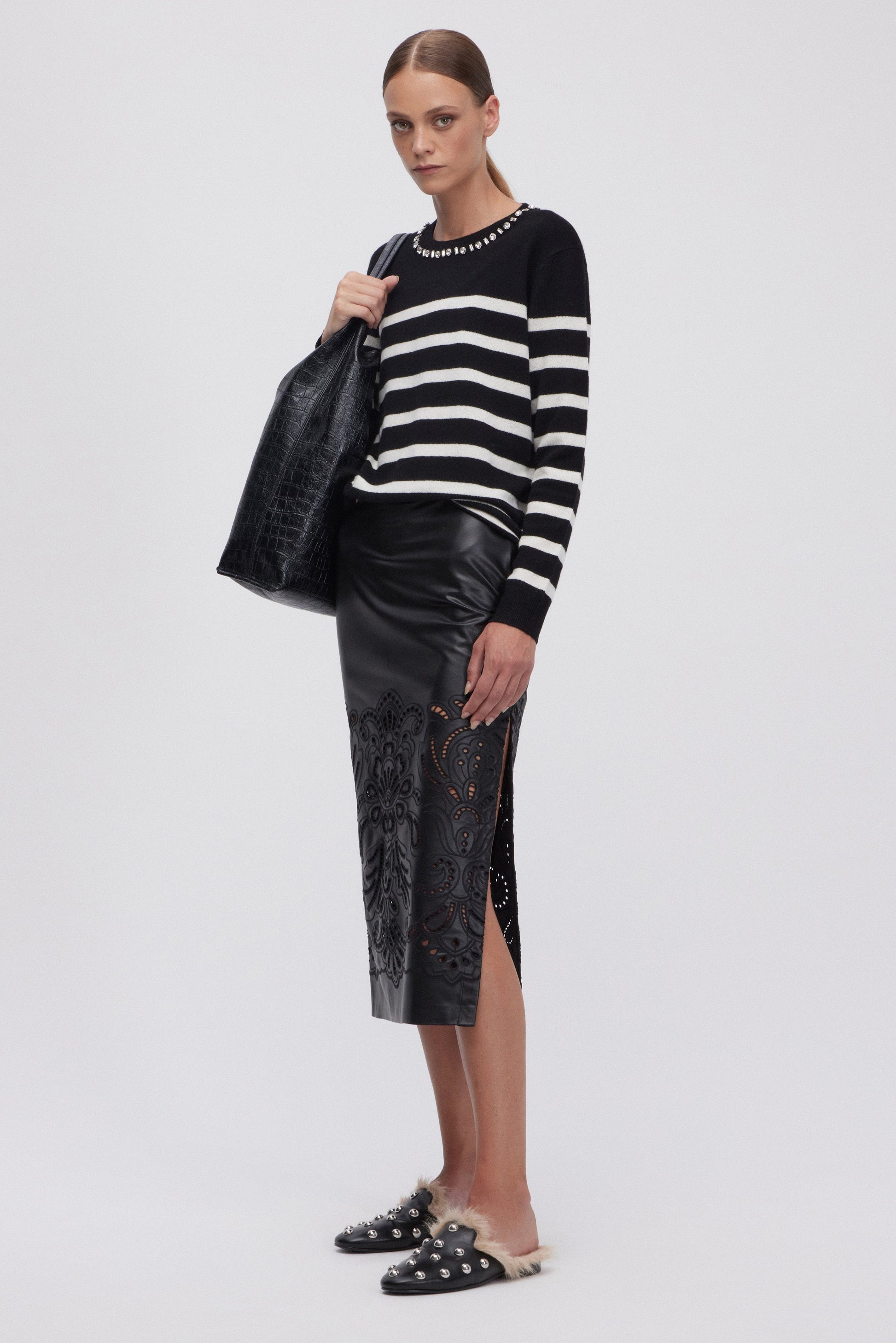 ECO LEATHER MIDI SKIRT WITH BRODERIE ANGLAISE 