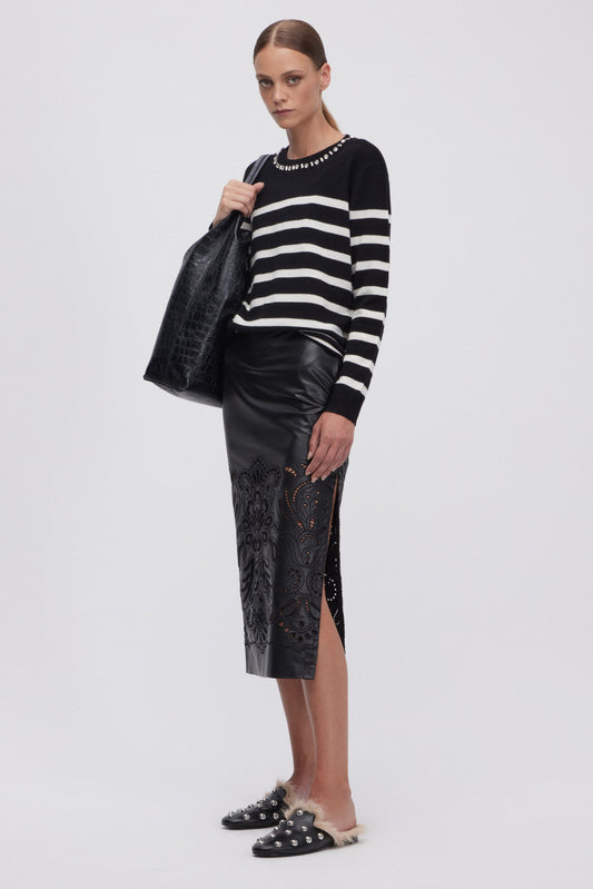 ECO LEATHER MIDI SKIRT WITH BRODERIE ANGLAISE 