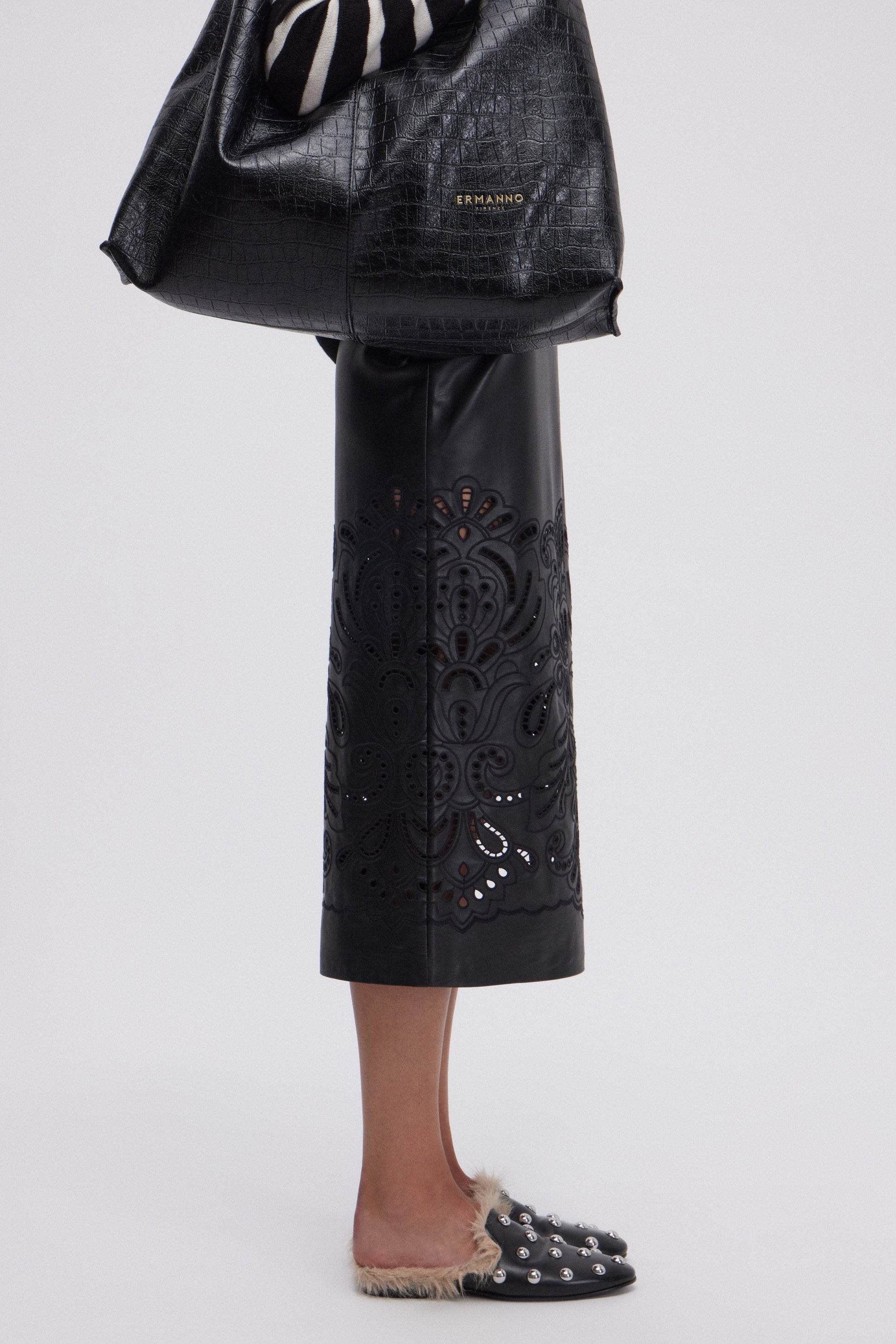 ECO LEATHER MIDI SKIRT WITH BRODERIE ANGLAISE 