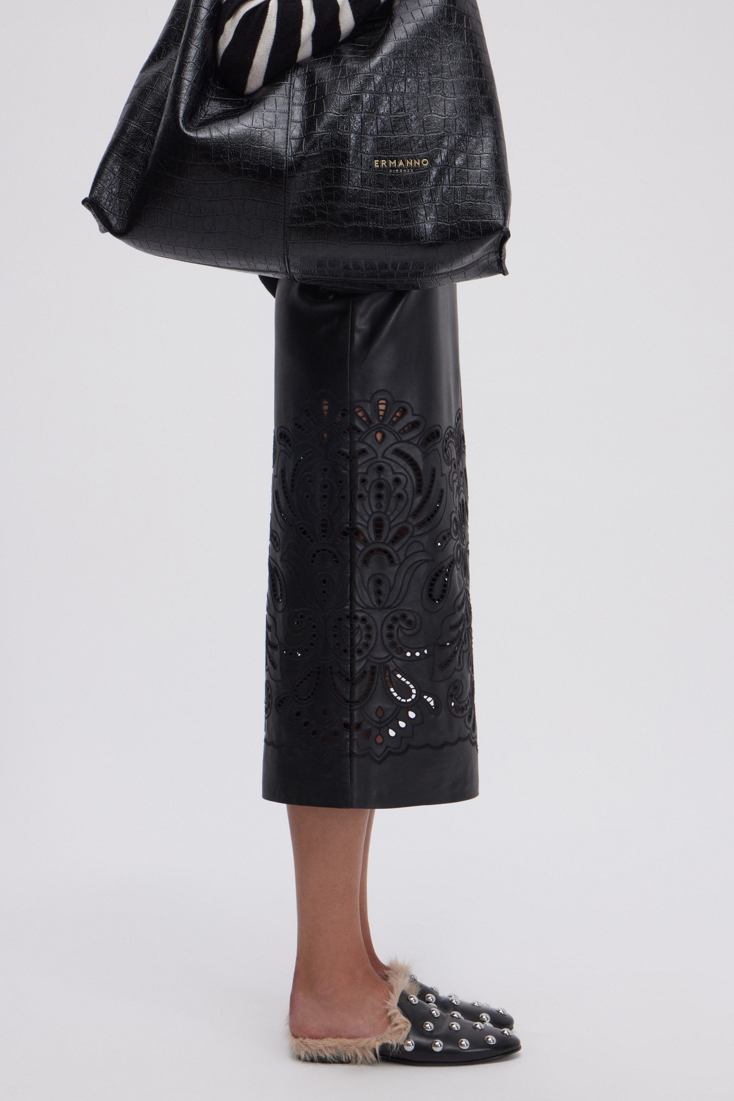 ECO LEATHER MIDI SKIRT WITH BRODERIE ANGLAISE 