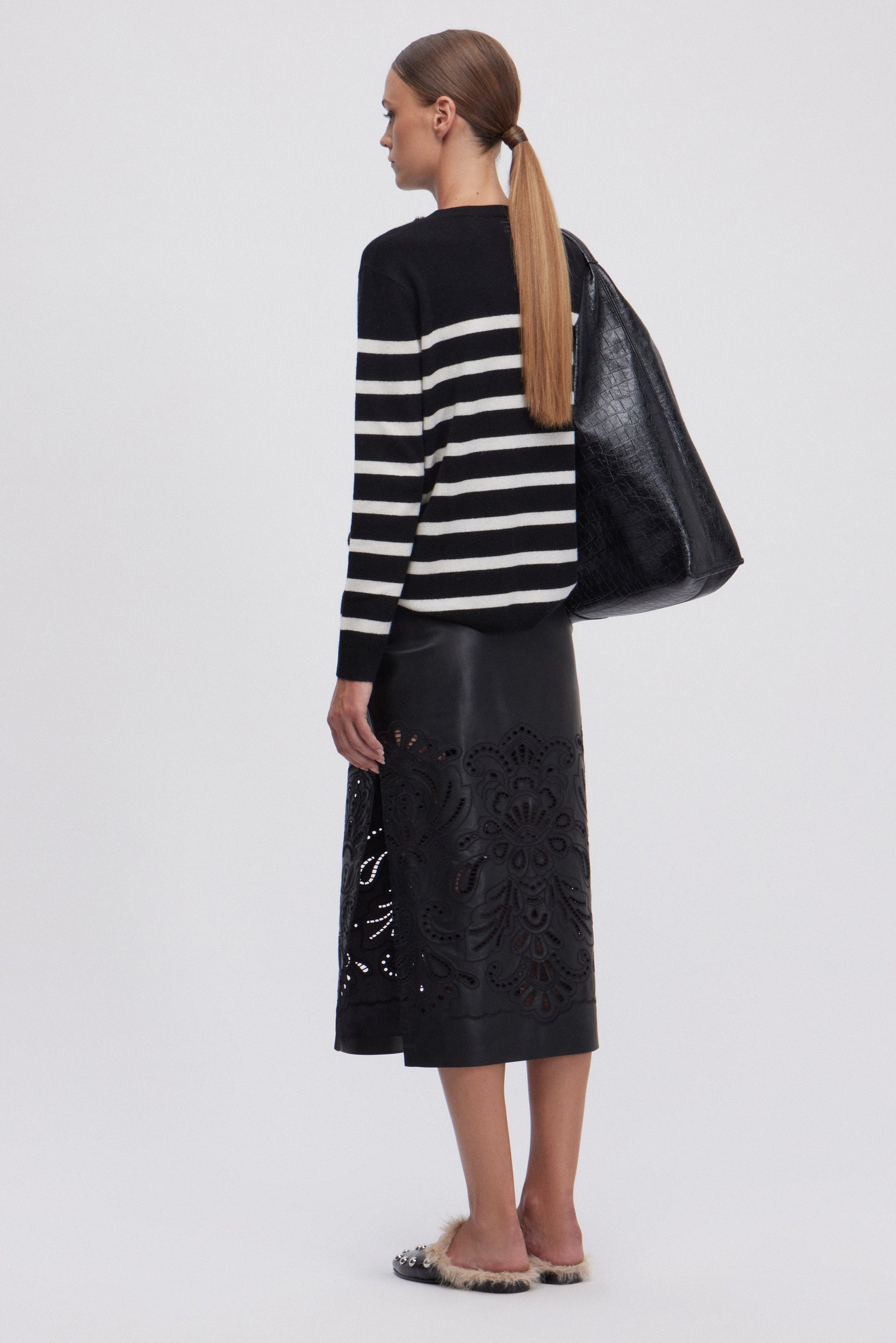 ECO LEATHER MIDI SKIRT WITH BRODERIE ANGLAISE 