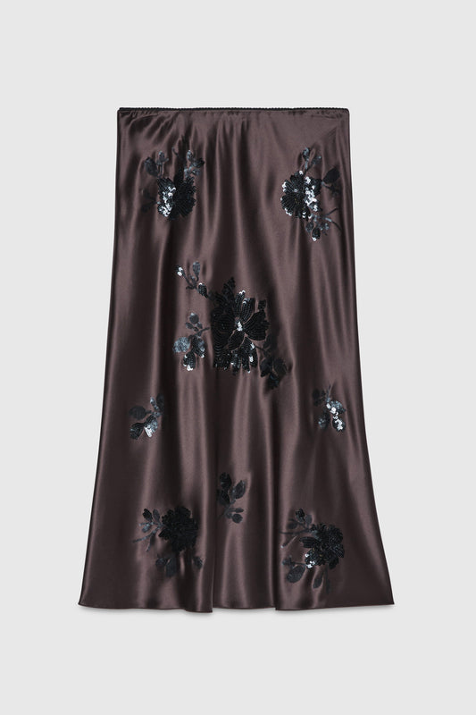 GONNA LONGUETTE IN RASO CON FIORI DI PAILLETTES