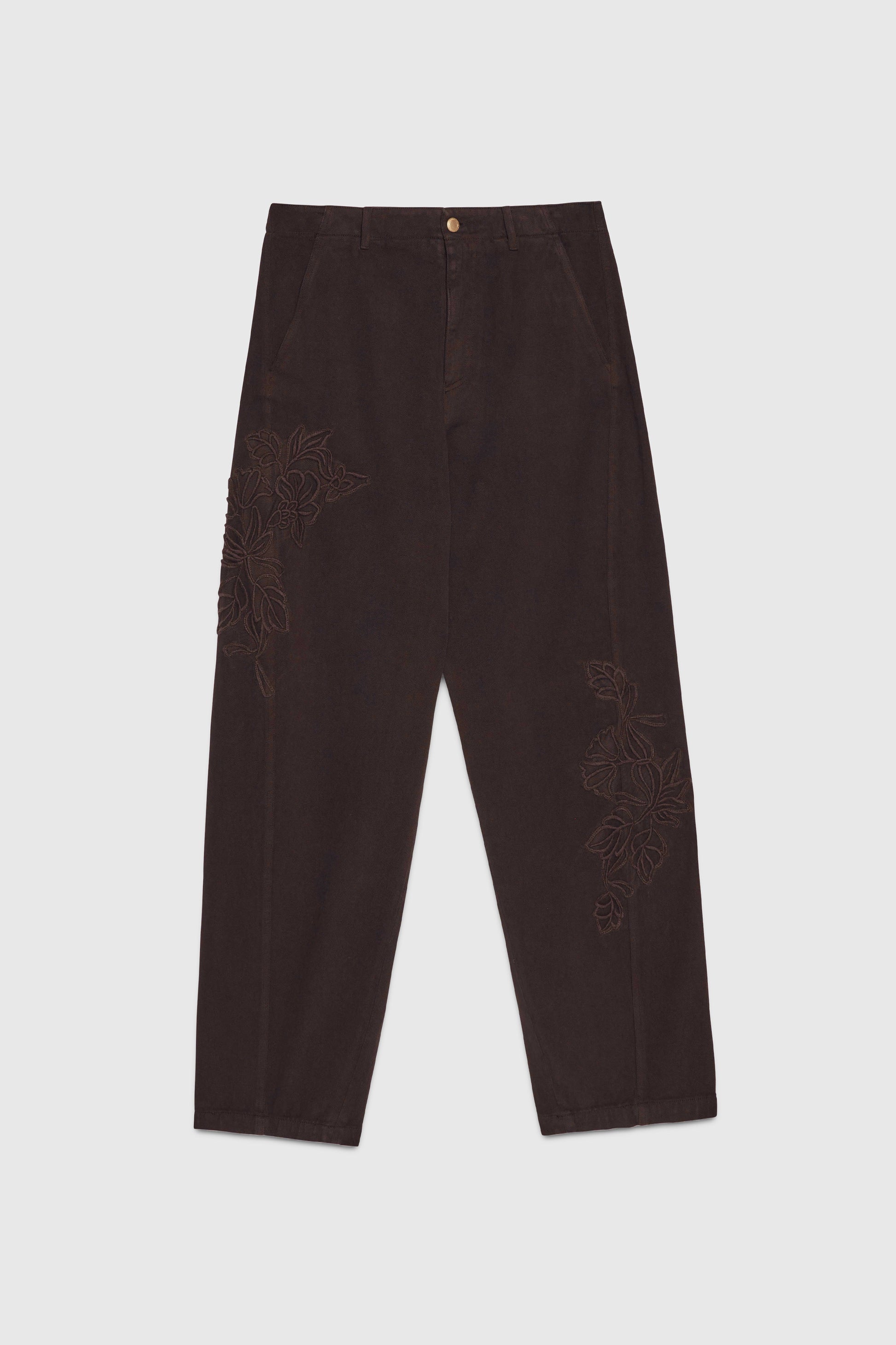 PANTALONI AMPI IN BULL DI COTONE CON RICAMI DI LANA