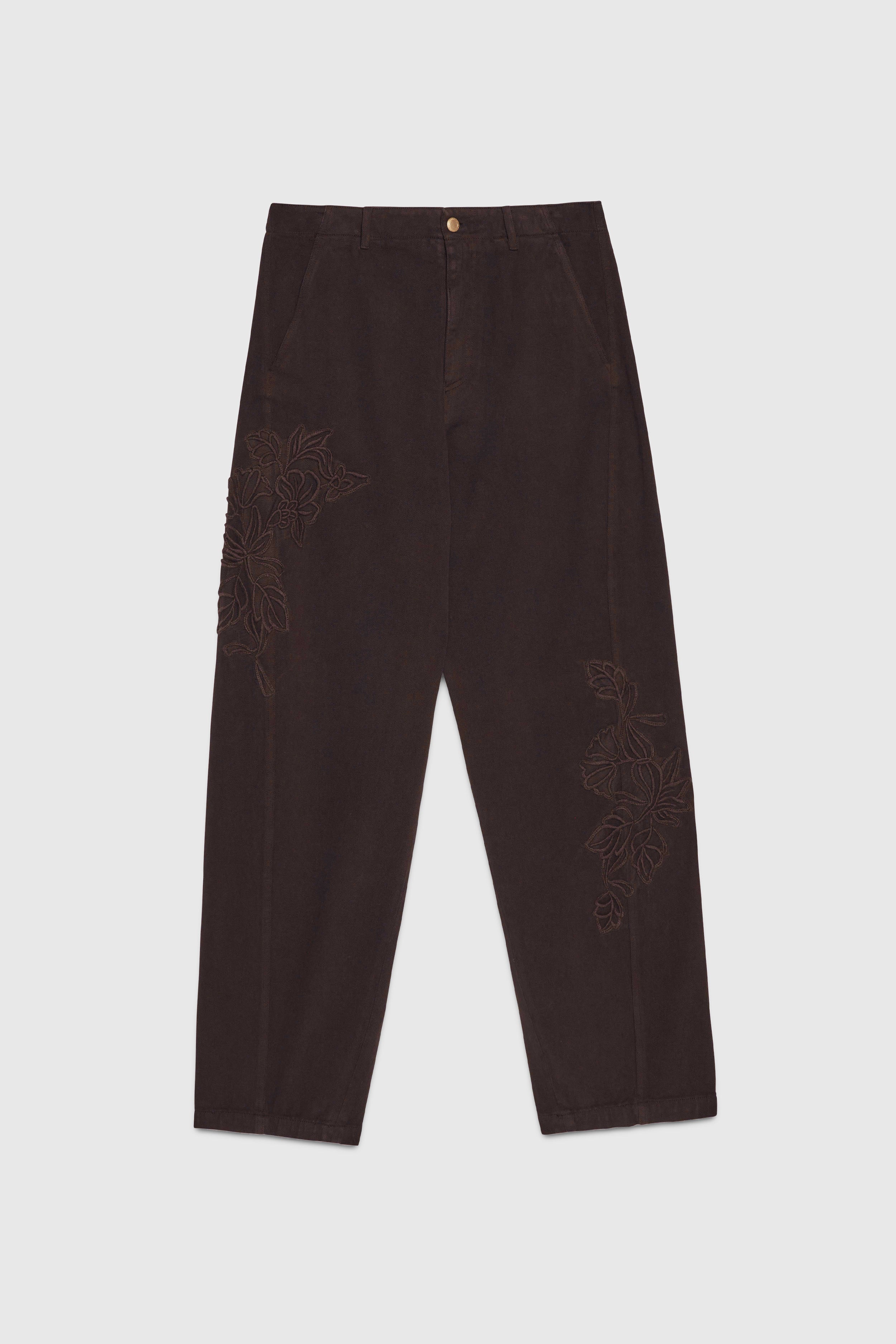 PANTALONI AMPI IN BULL DI COTONE CON RICAMI DI LANA