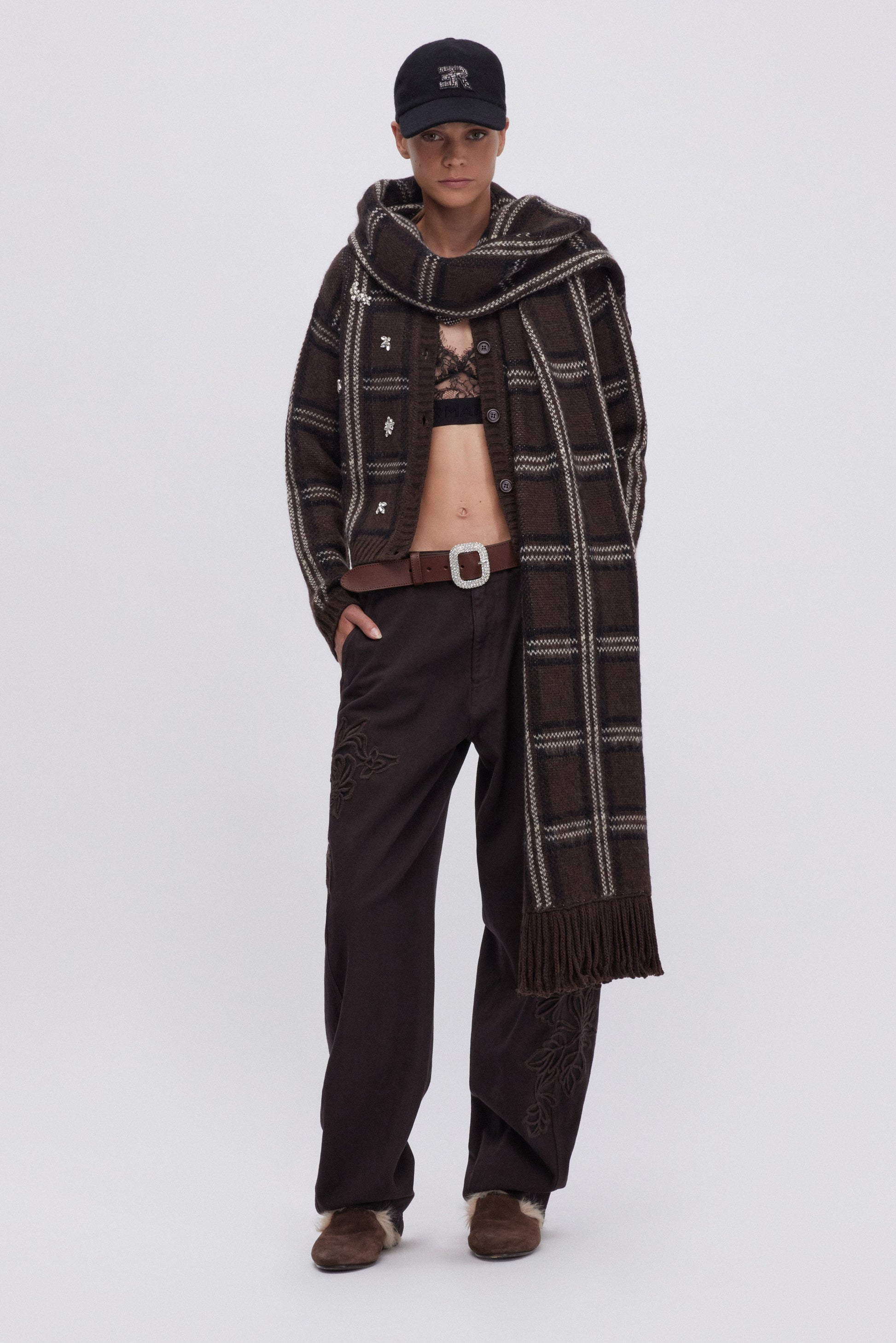 PANTALONI AMPI IN BULL DI COTONE CON RICAMI DI LANA