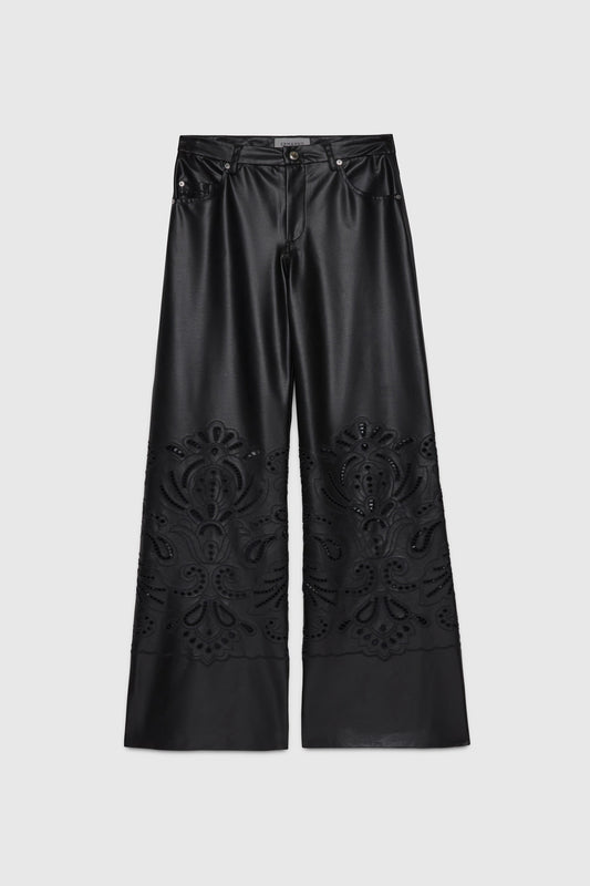 FAUX LEATHER FLARE PANTS WITH CUTWORK EMBROIDEY