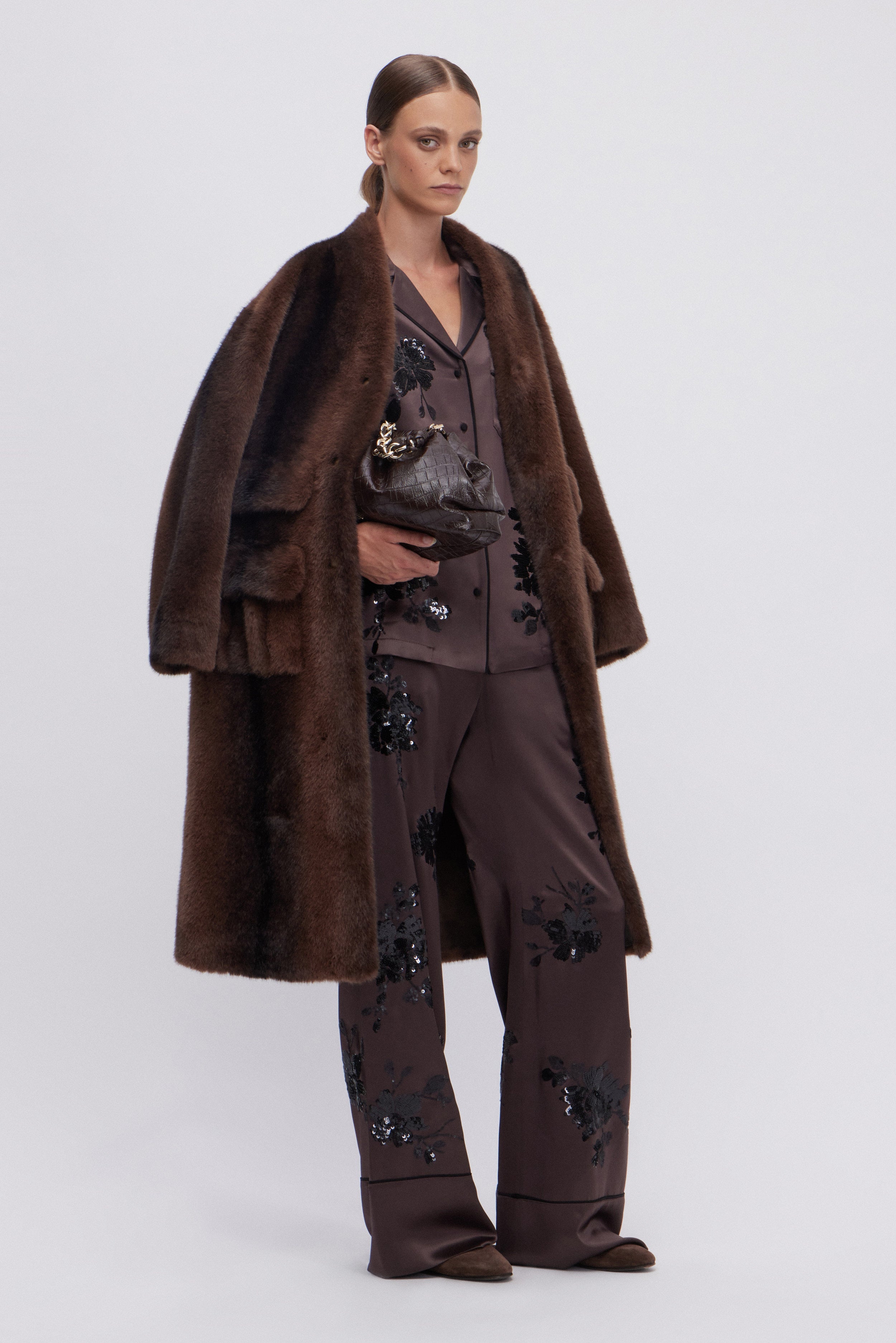 PANTALONI A PIGIAMA IN RASO CON FIORI DI PAILLETTES