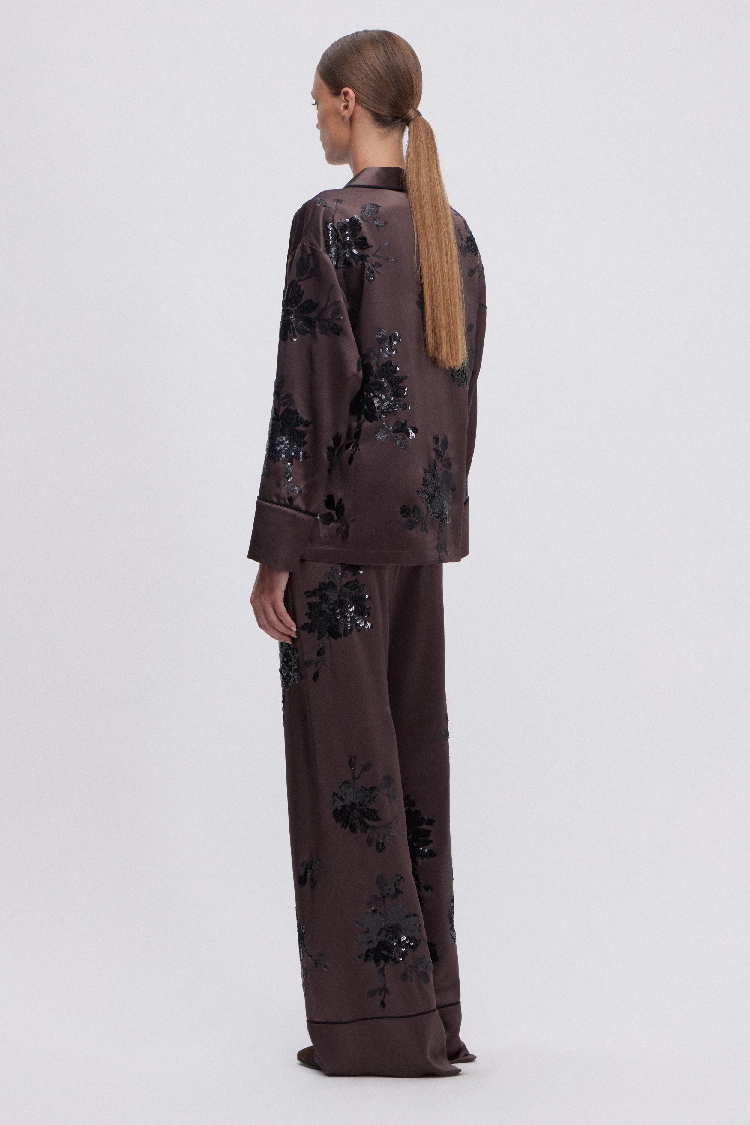 PANTALONI A PIGIAMA IN RASO CON FIORI DI PAILLETTES