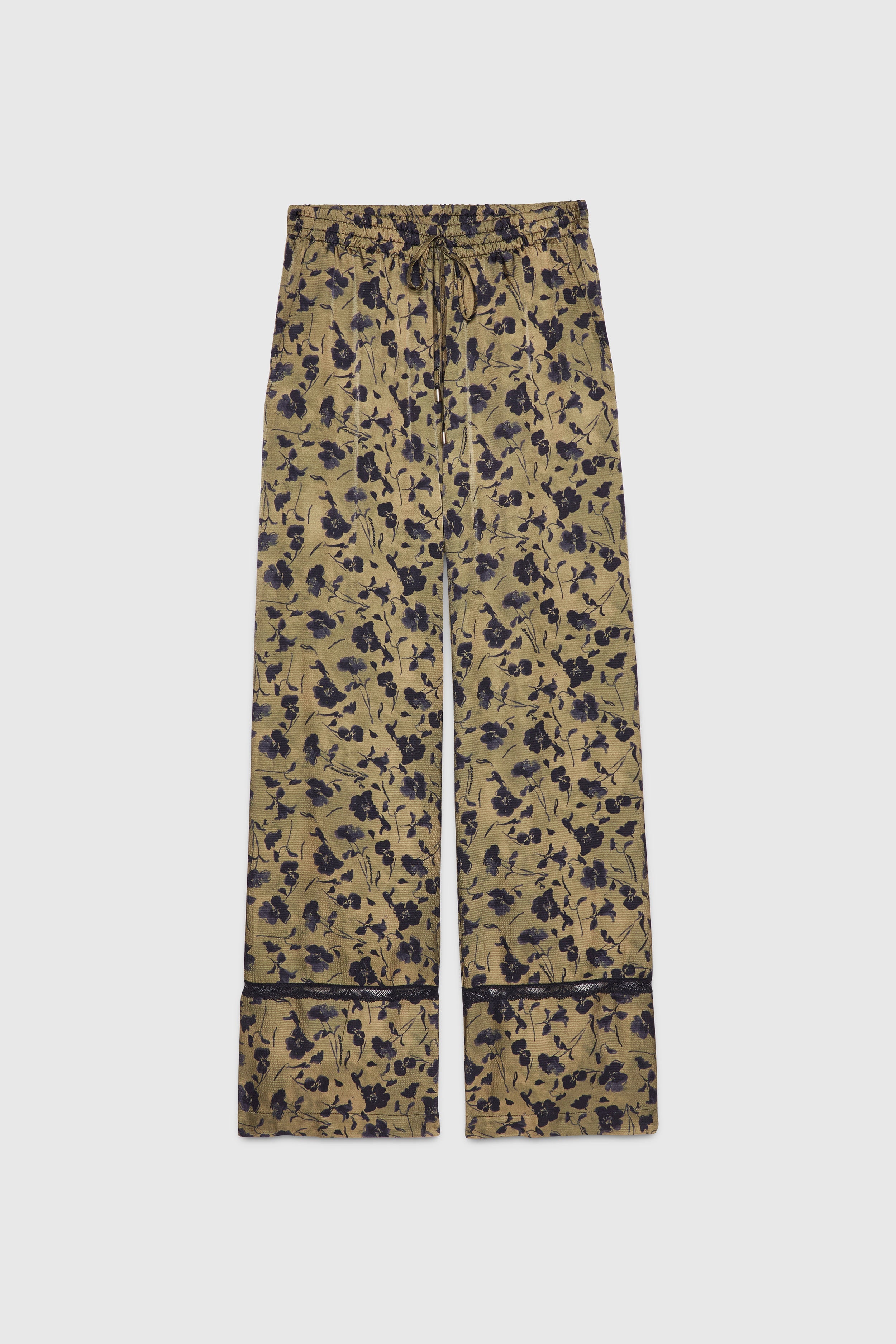 PANTALON DE PYJAMA EN SATIN AVEC FLEURS NOIRS IMPRIMĖS