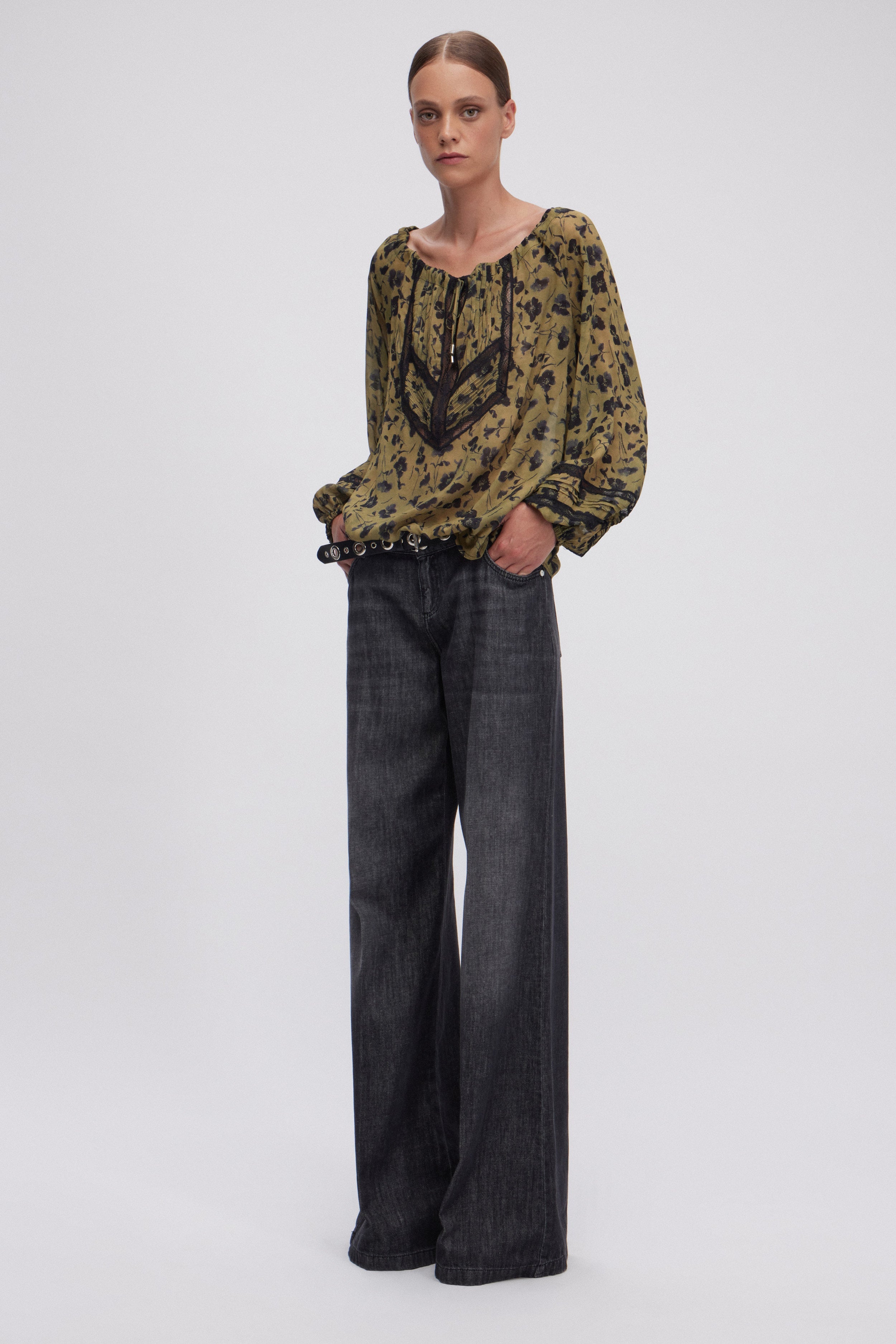 GREY DENIM FLARE JEANS STONE WASH