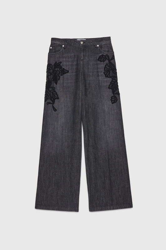 GREY FLARE JEANS WITH WOOLLEN EMBROIDERY