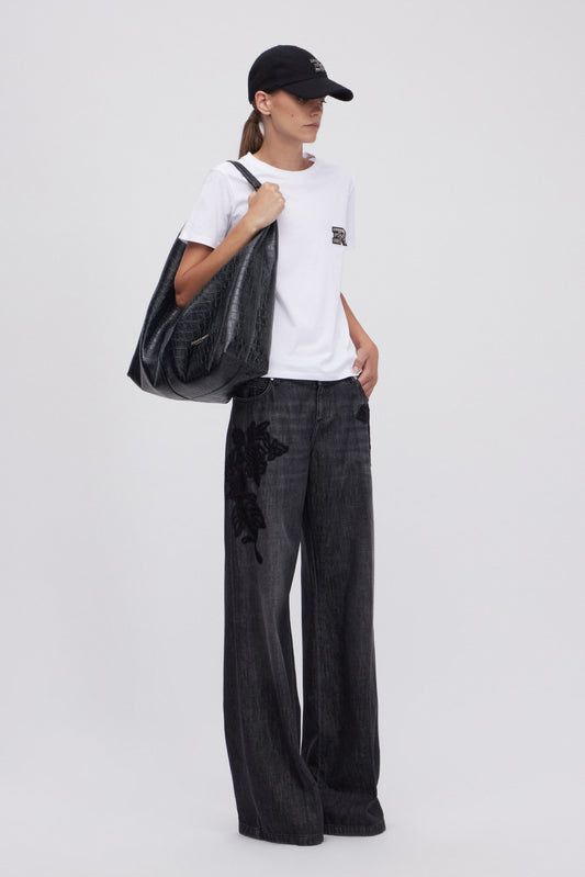 GREY FLARE JEANS WITH WOOLLEN EMBROIDERY