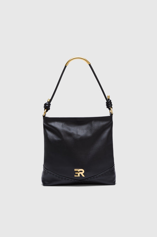 BORSA HOBO GRANDE IN VERA PELLE CON LOGO ORO