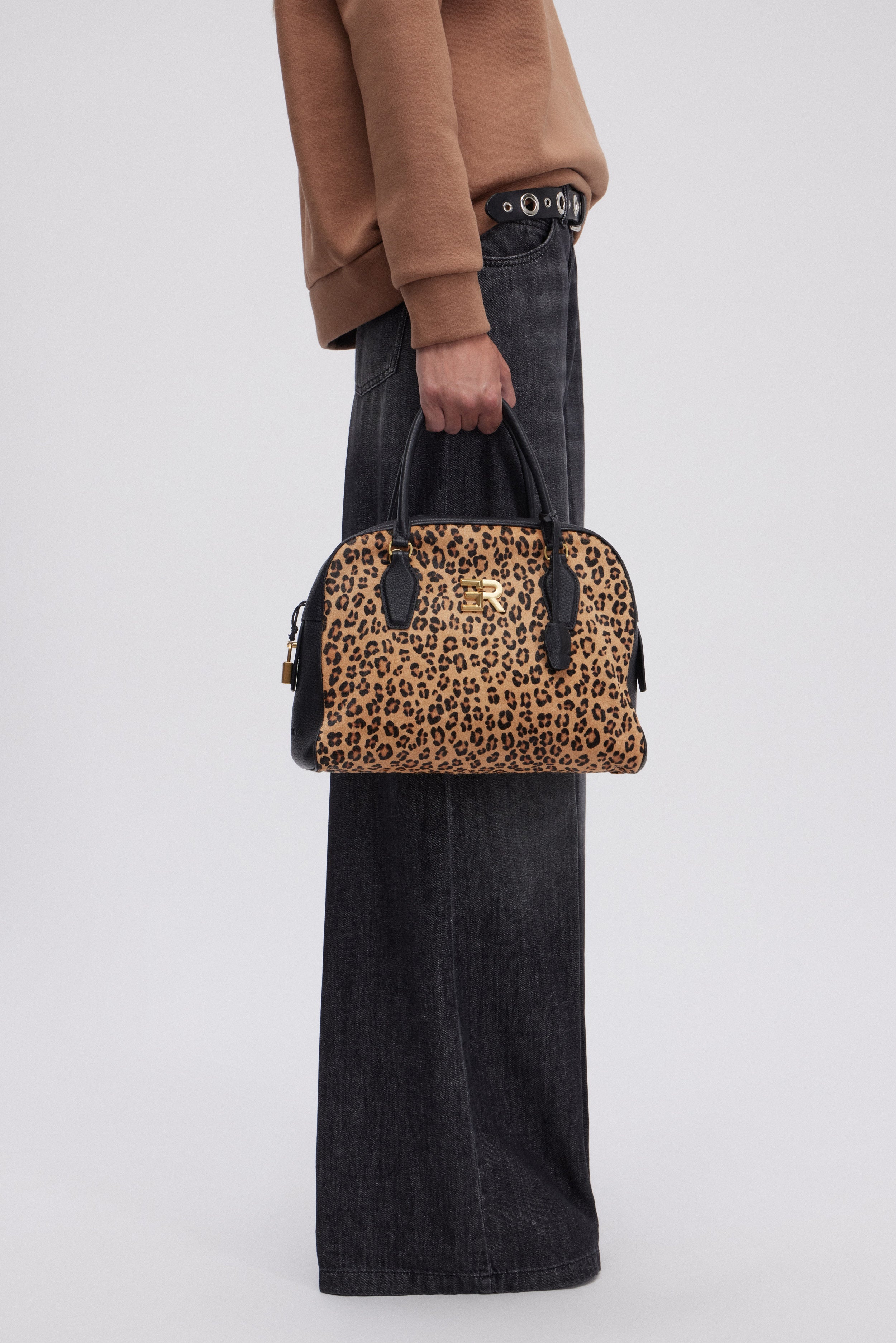 BOWLING TEXTURED LEATHER BAG WITH ANIMAL-PRINT AND GOLD LOGO