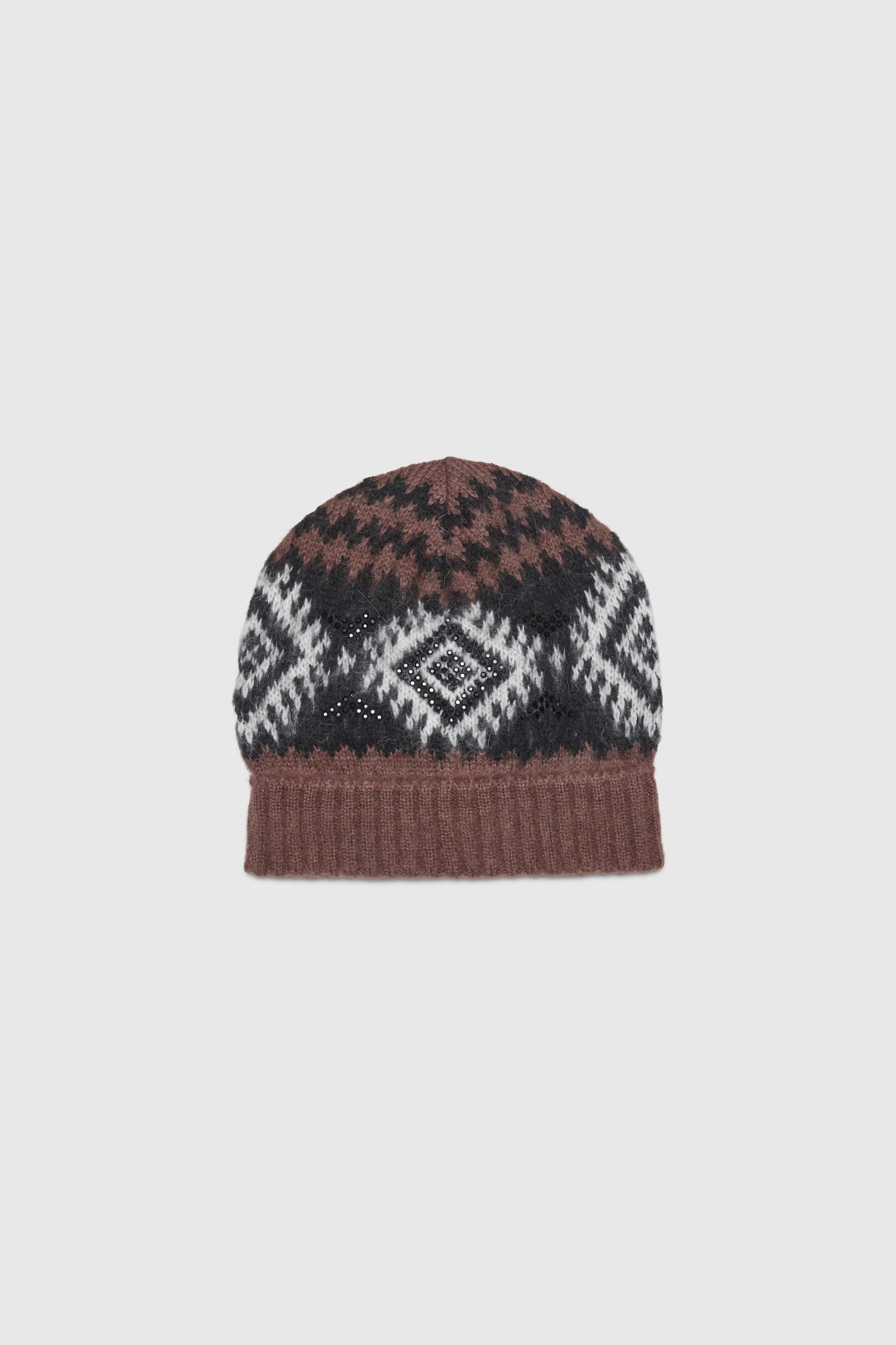 JACQUARD KNITTED HAT WITH RHOMBUS PATTERNS AND RHINESTONES