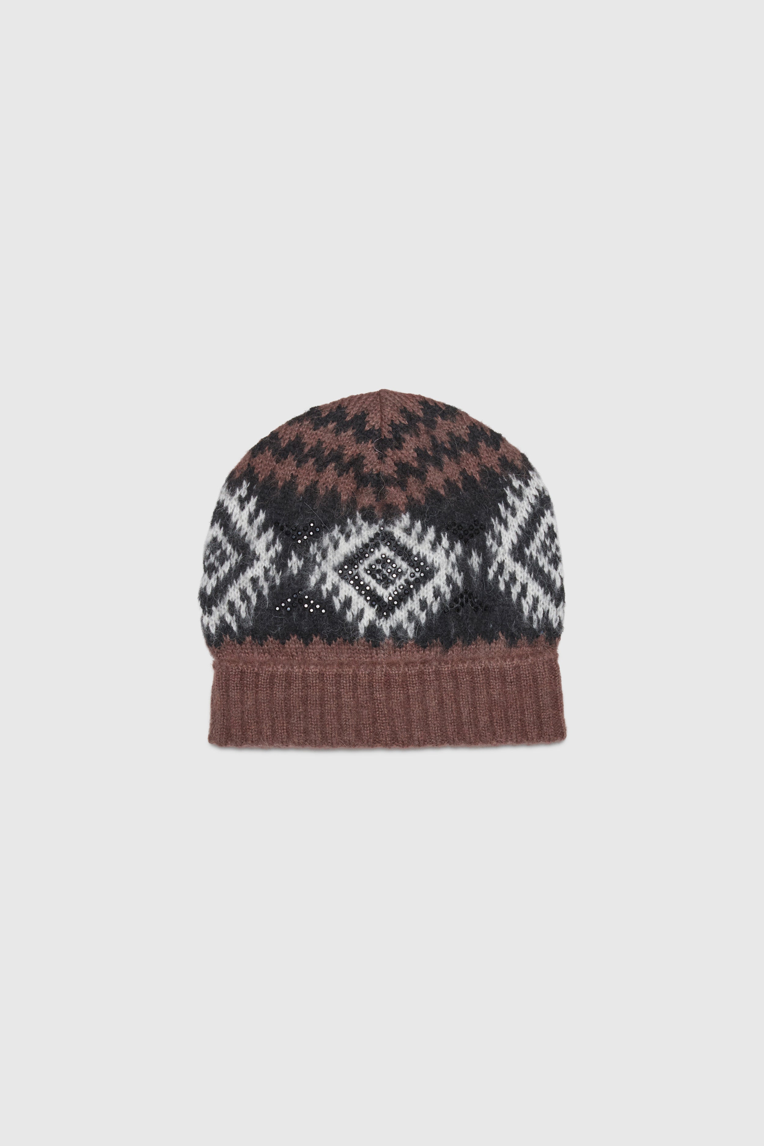 JACQUARD KNITTED HAT WITH RHOMBUS PATTERNS AND RHINESTONES