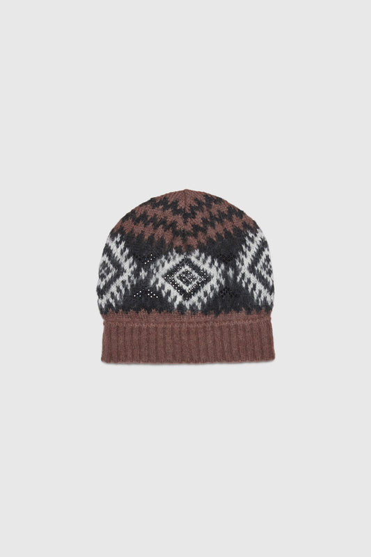 CAPPELLO IN MAGLIA JACQUARD CON MOTIVO A ROMBI E CRISTALLI