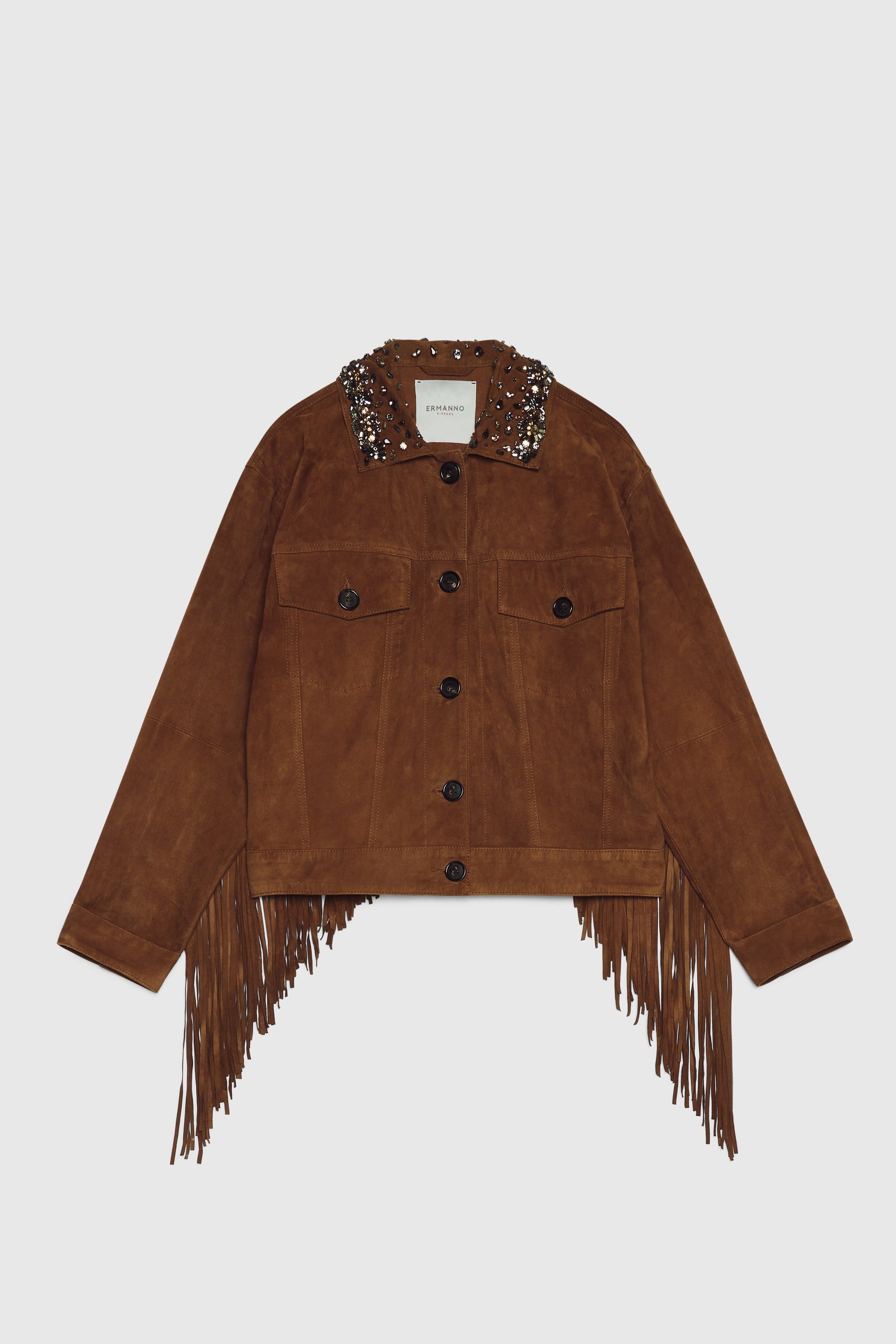 BLOUSON EN SUEDE AVEC FRANGES ET COL BIJOU